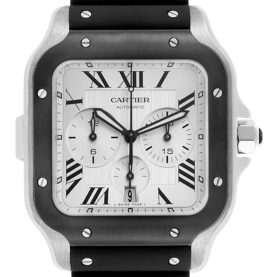 The Cartier Santos watch is shown from the front, displaying its face, bezel, and part of the strap.