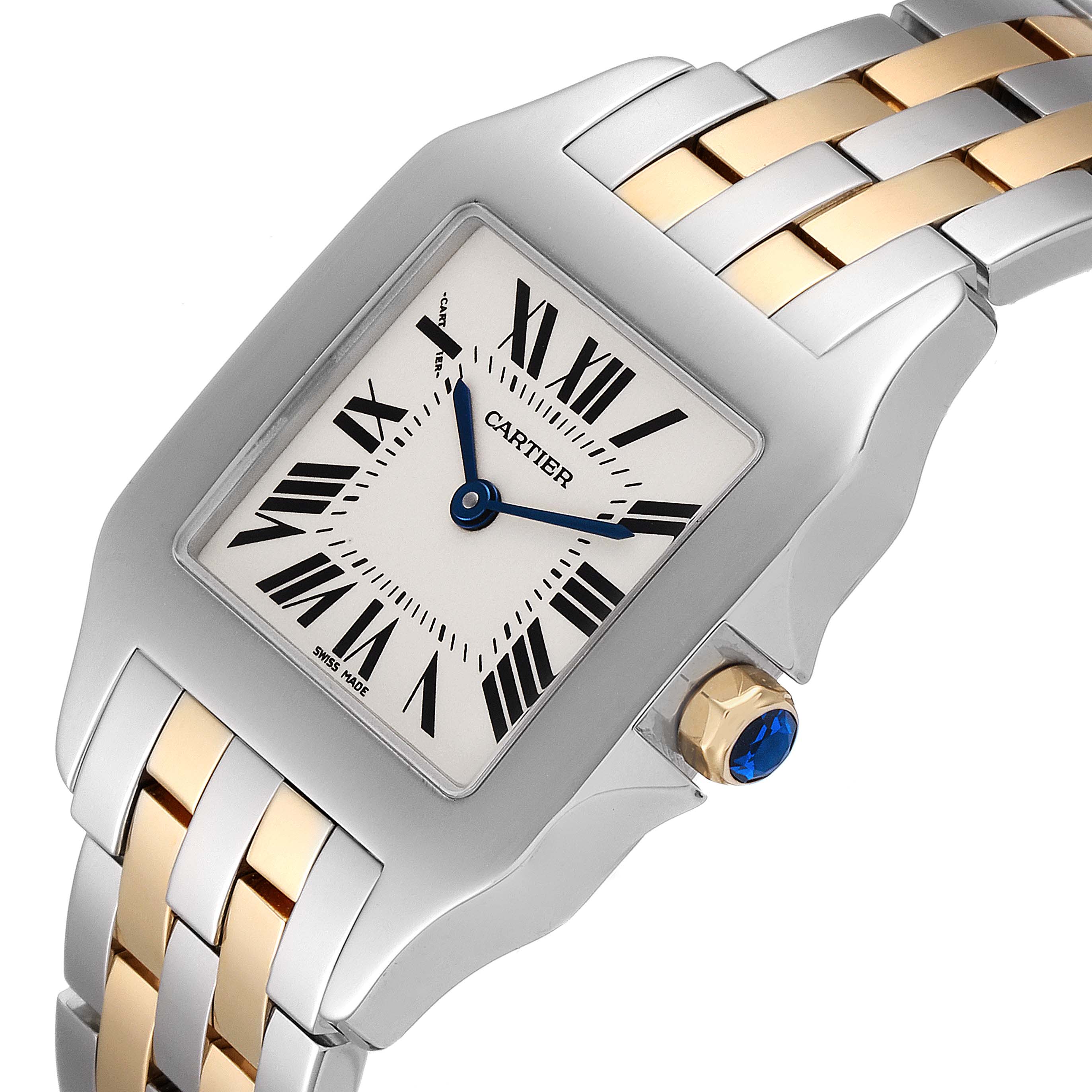 The image shows a close-up of the Cartier Santos W25067Z6 Men
s Steel and Gold (two tone) Silver Dial W25067Z6 Men
s Steel and Gold (two tone) Silver Dial watch face, crown, and part of the two-tone metal bracelet.