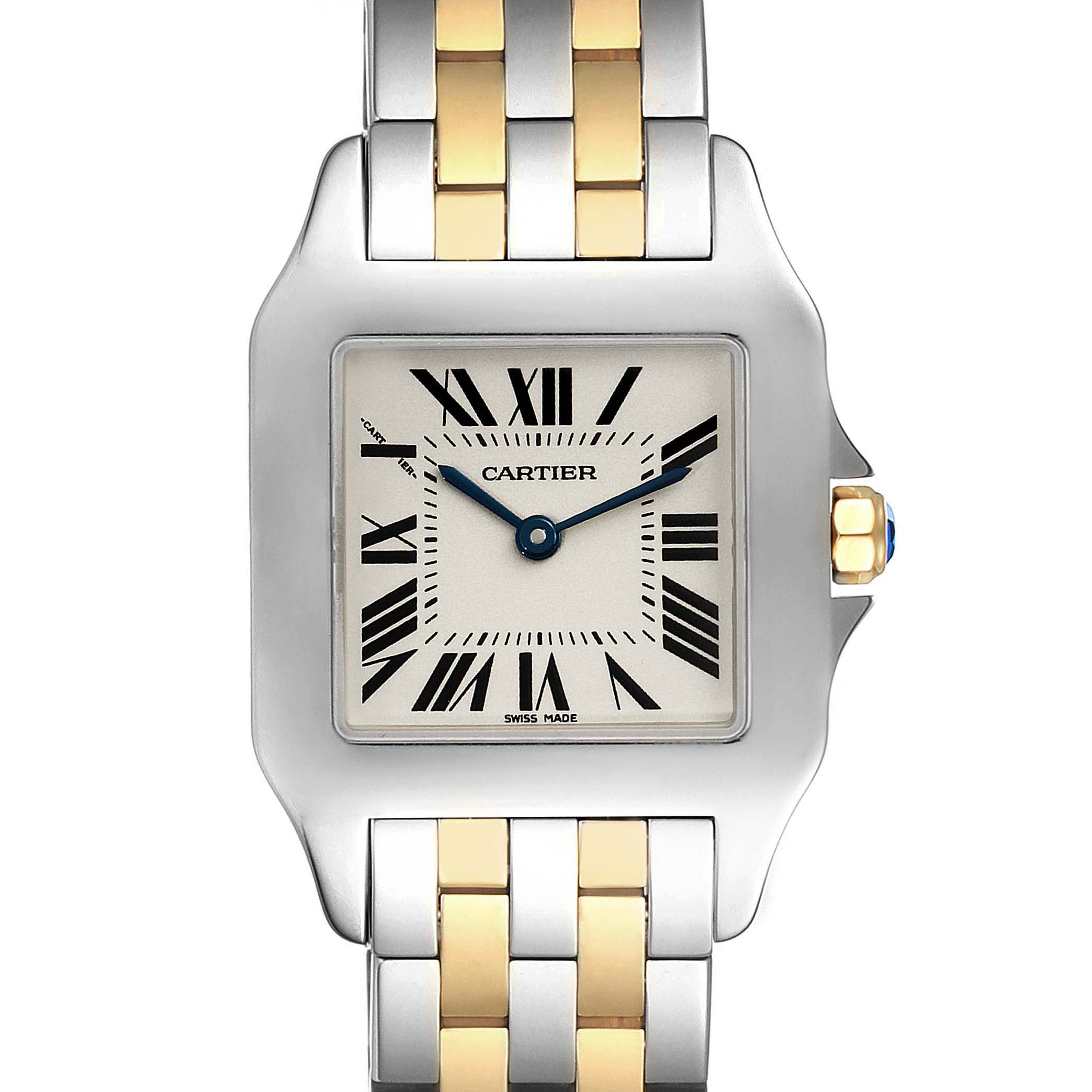 This image shows a close-up of the Cartier Santos W25067Z6 Men
s Steel and Gold (two tone) Silver Dial W25067Z6 Men
s Steel and Gold (two tone) Silver Dial watch, highlighting the dial, bezel, crown, and part of the two-tone bracelet.
