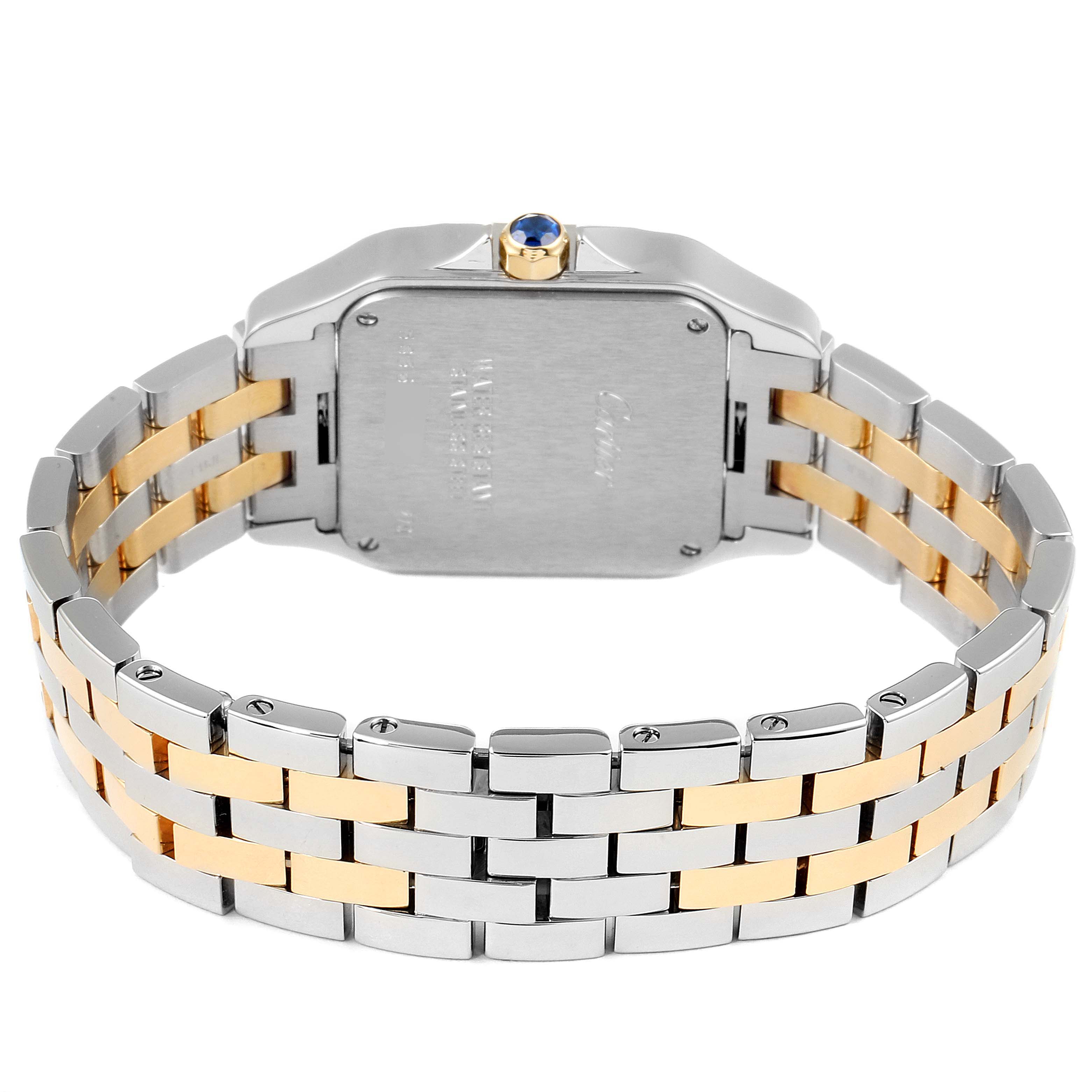 The image shows the back view of the Santos model watch by Cartier, highlighting the case back and two-toned bracelet.