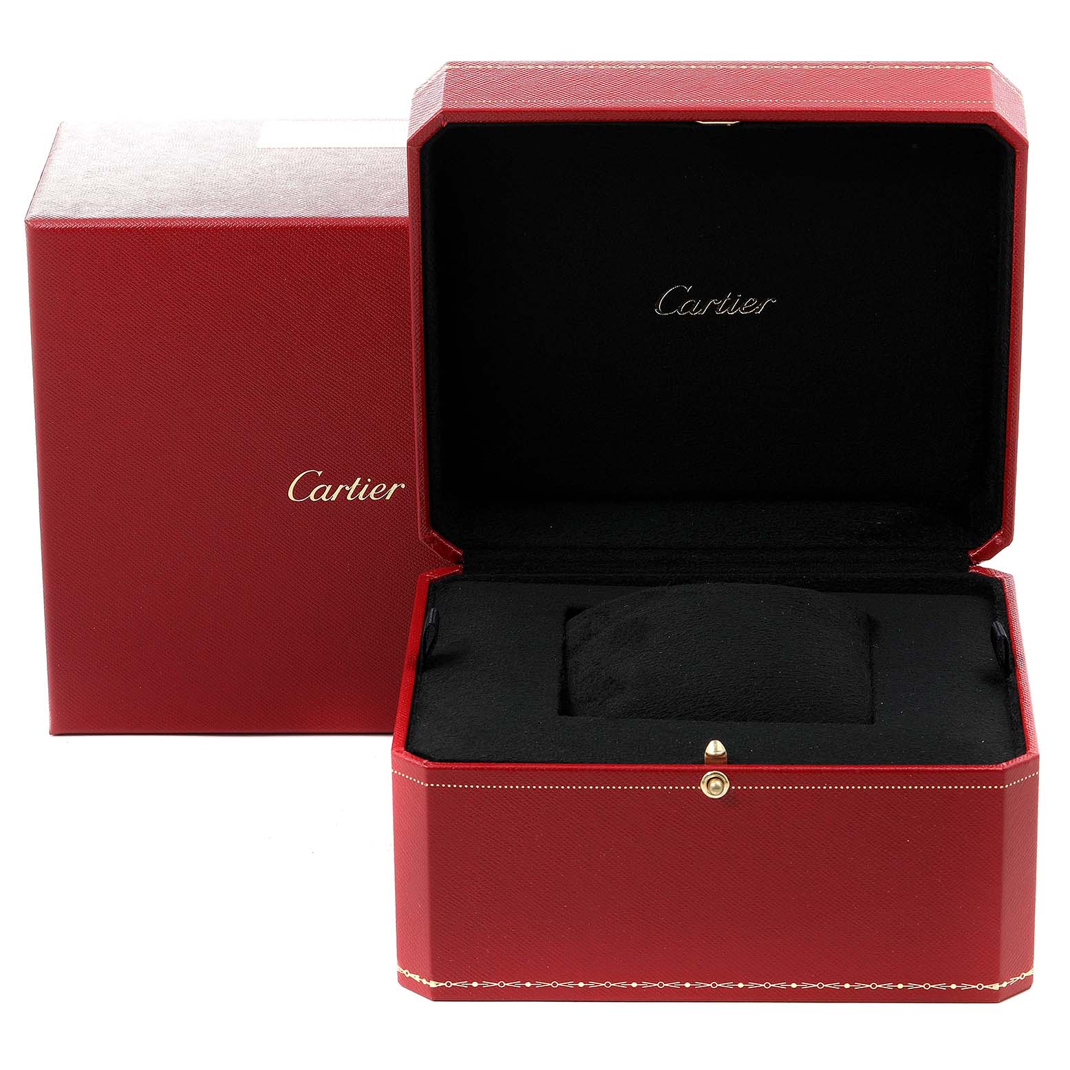 The image shows the red presentation box for the Cartier Santos W25067Z6 Men
s Steel and Gold (two tone) Silver Dial W25067Z6 Men
s Steel and Gold (two tone) Silver Dial watch, with the lid open and the cushion inside.