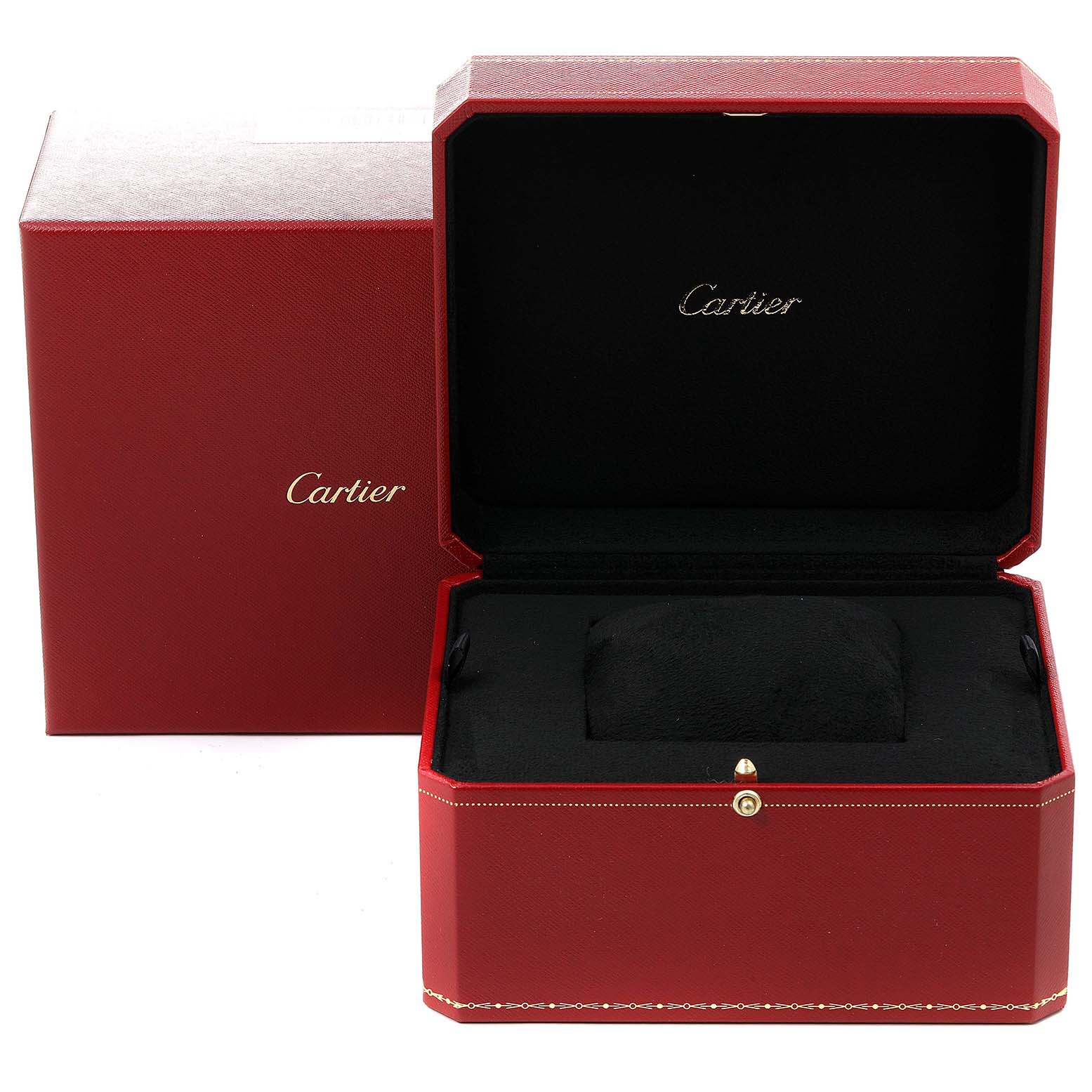 The image shows an open red Cartier box, used for the Santos Demoiselle model watch, with its interior empty.