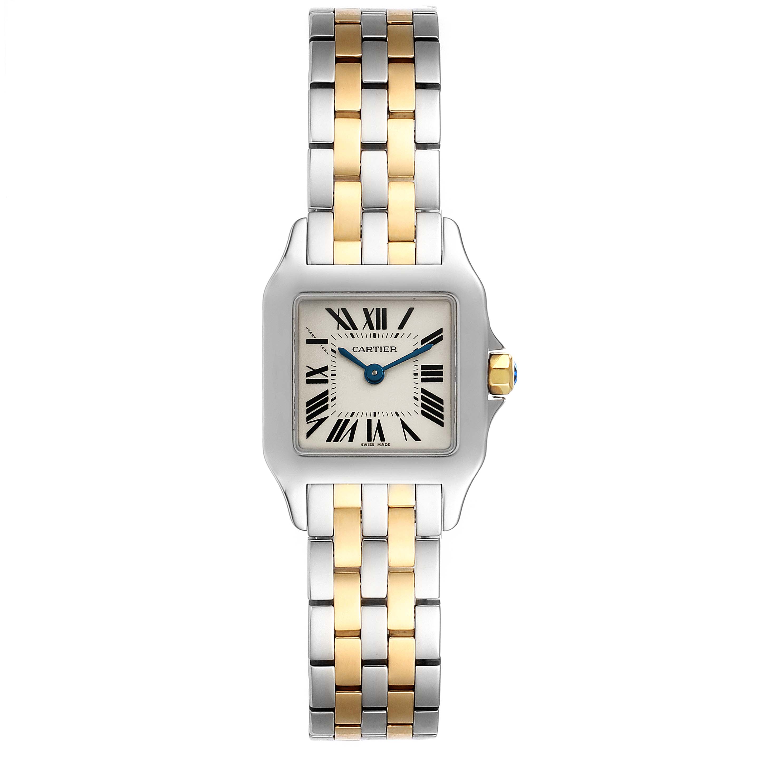 The image shows a front view of the Cartier Santos Demoiselle W25066Z6 Women
s Steel and Gold (two tone) Silver Dial W25066Z6 Women
s Steel and Gold (two tone) Silver Dial watch, highlighting the two-tone metal band and square white dial with Roman numerals.