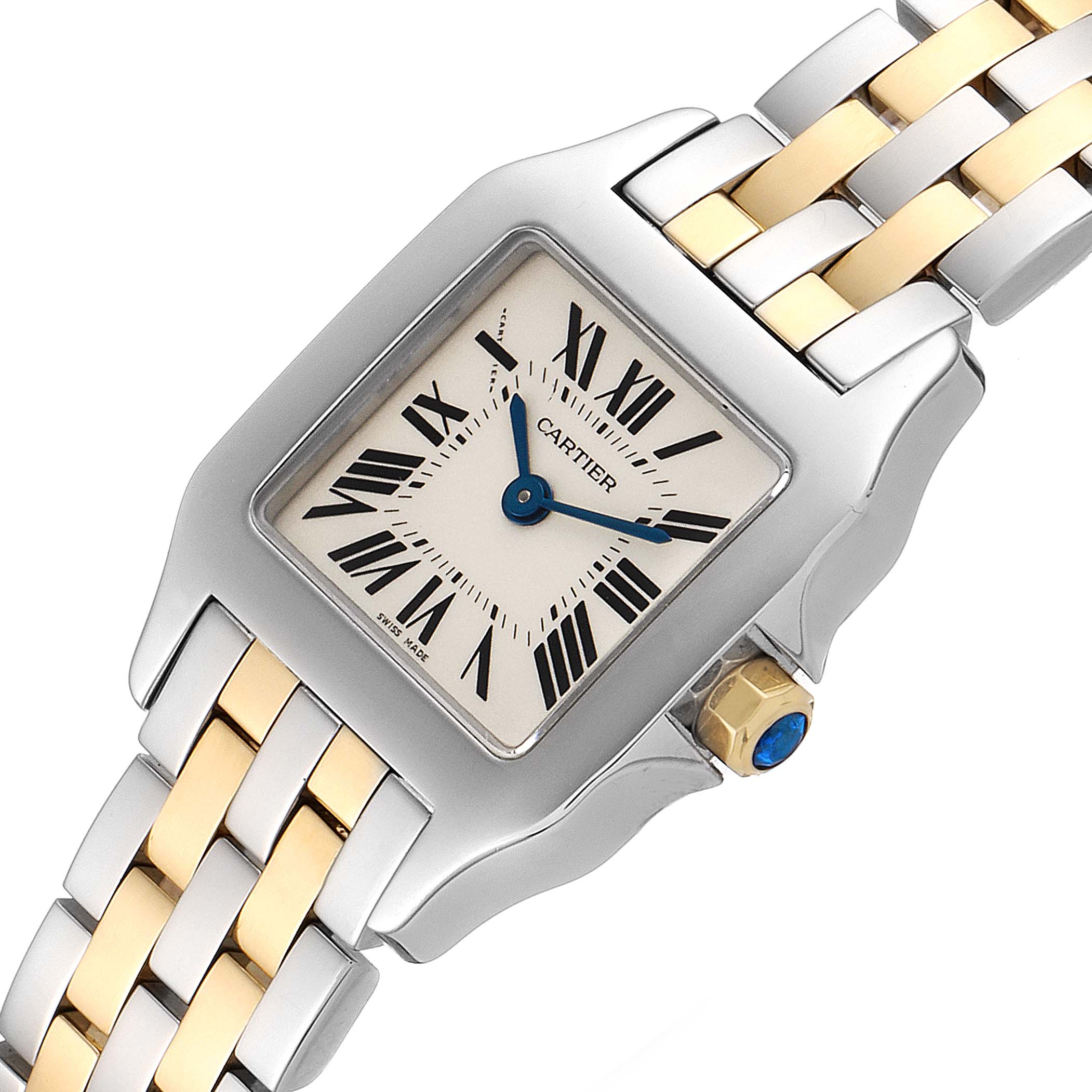 The image shows a close-up angle of the Cartier Santos Demoiselle W25066Z6 Women
s Steel and Gold (two tone) Silver Dial W25066Z6 Women
s Steel and Gold (two tone) Silver Dial watch, highlighting the dial, bezel, crown, and bracelet.