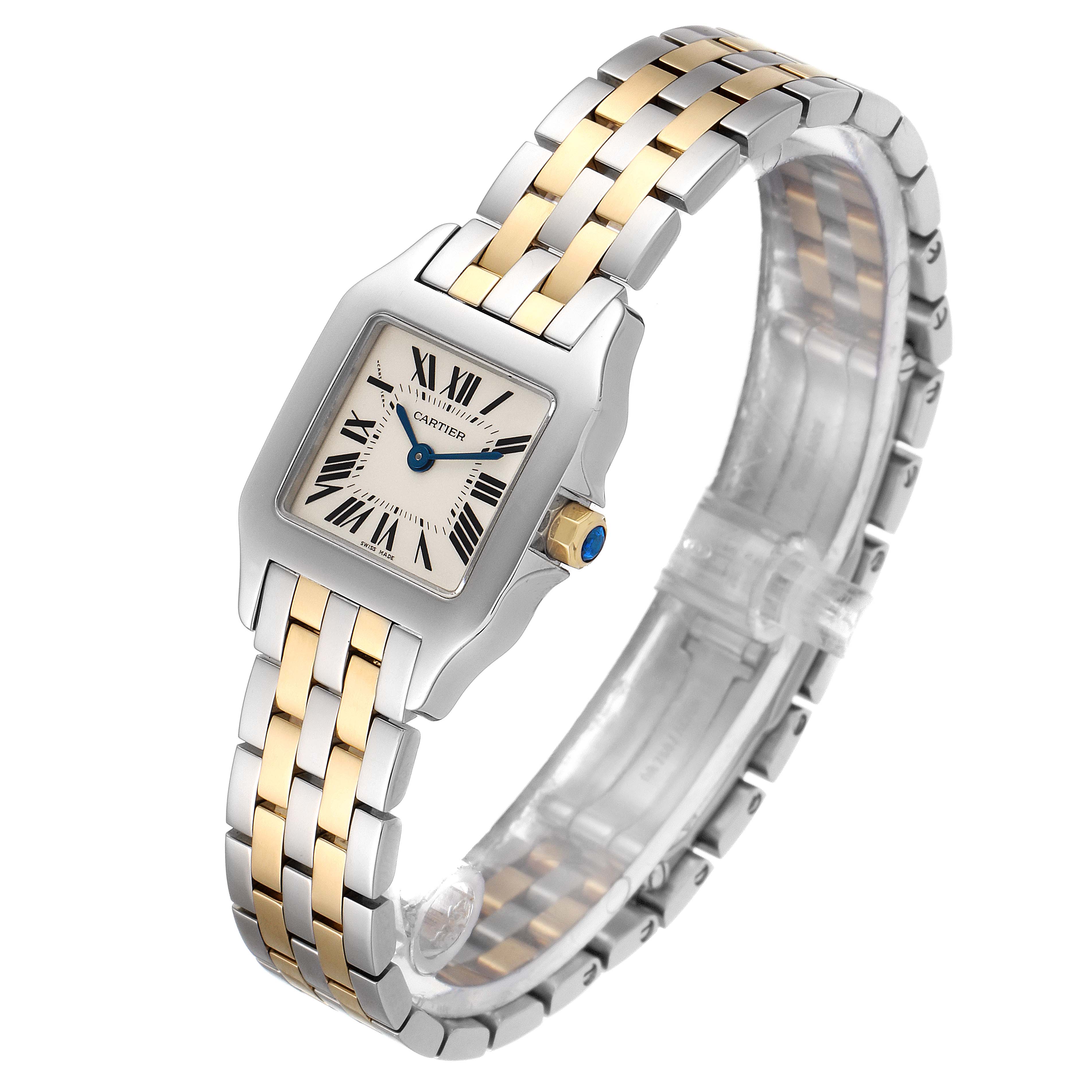 The image shows a Cartier Santos Demoiselle W25066Z6 Women
s Steel and Gold (two tone) Silver Dial W25066Z6 Women
s Steel and Gold (two tone) Silver Dial watch at a three-quarter angle, featuring its face, bezel, and two-tone bracelet.