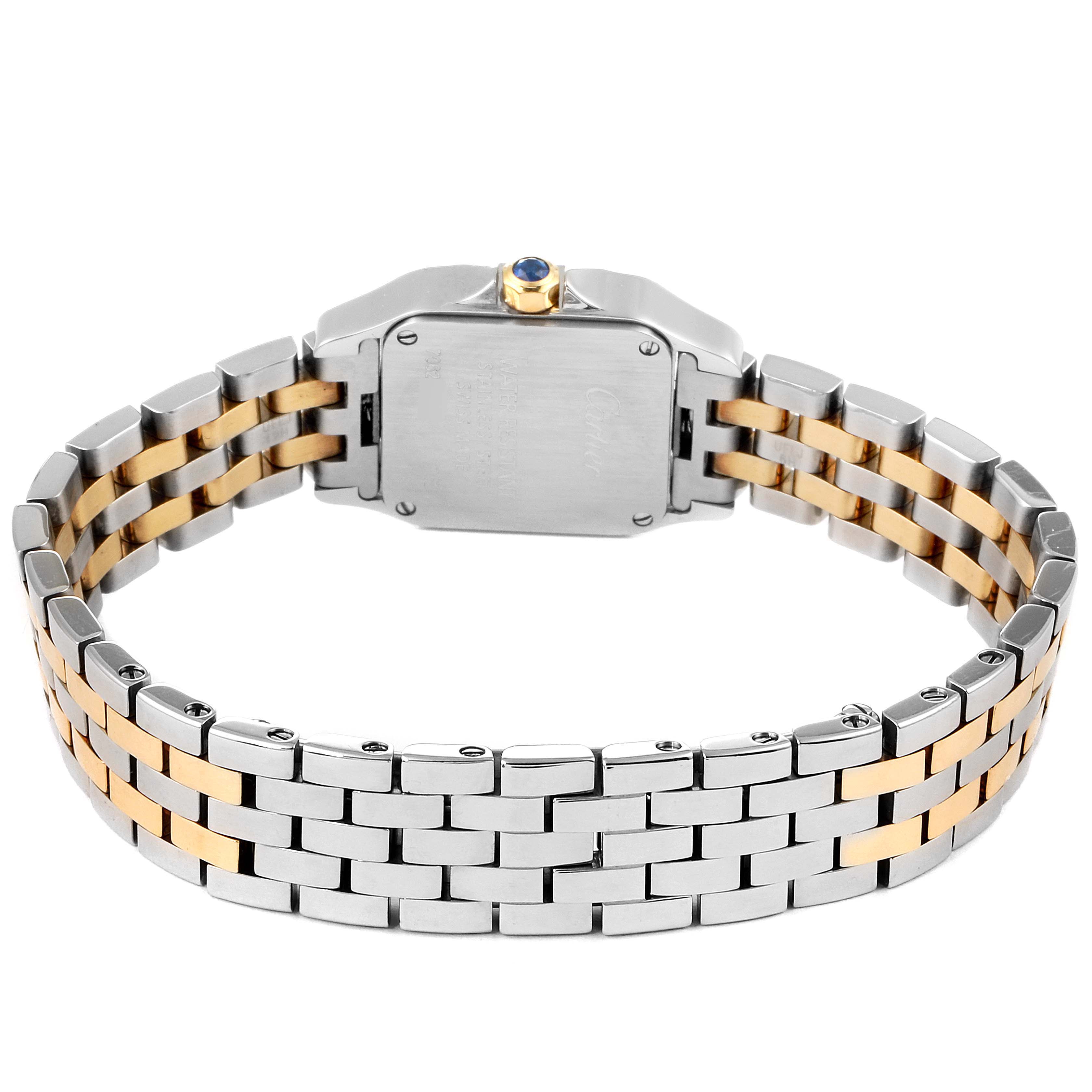 The image shows the back view of the Cartier Santos Demoiselle W25066Z6 Women
s Steel and Gold (two tone) Silver Dial W25066Z6 Women
s Steel and Gold (two tone) Silver Dial watch, highlighting its two-tone metal bracelet and case back.
