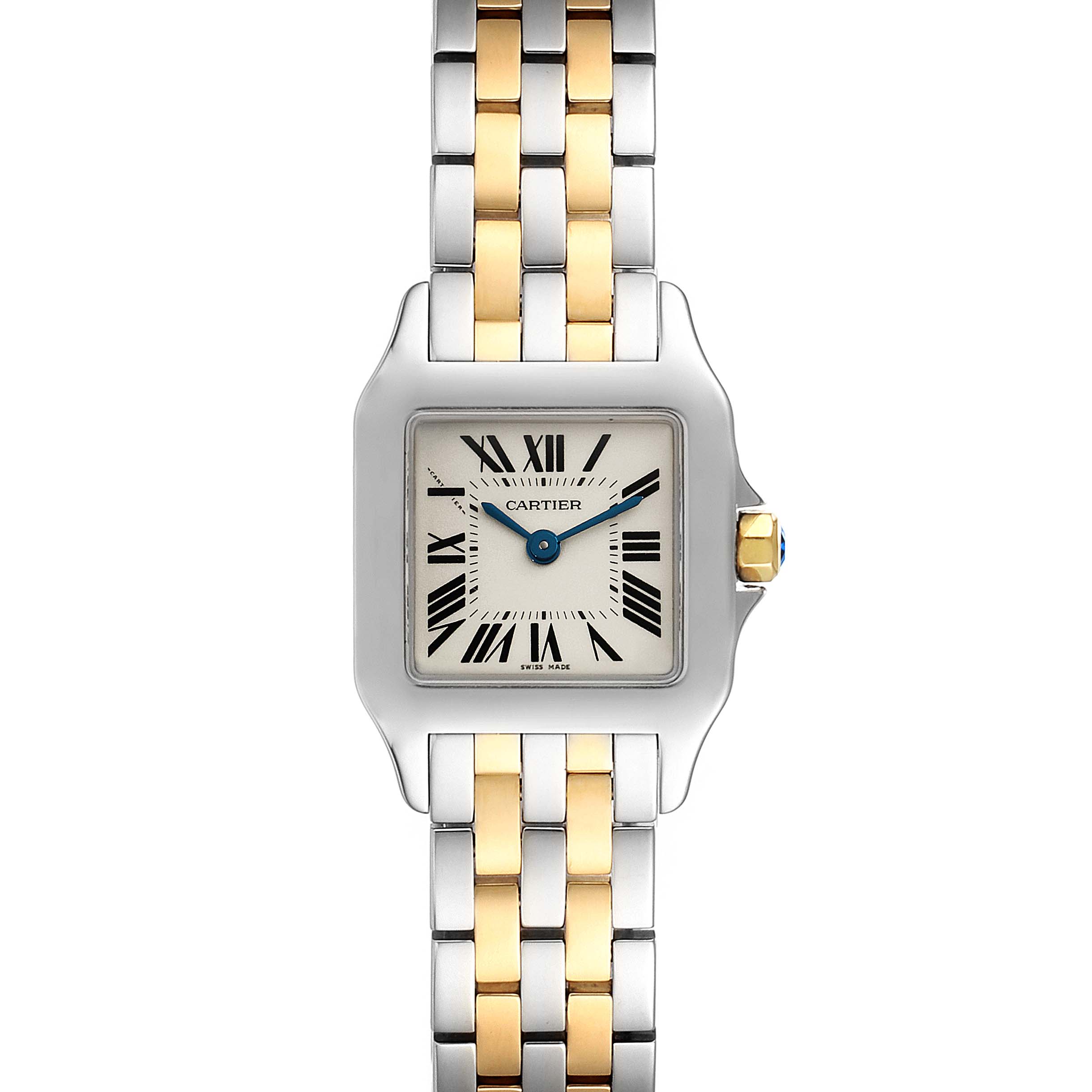 This image shows a front view of the Cartier Santos Demoiselle W25066Z6 Women
s Steel and Gold (two tone) Silver Dial W25066Z6 Women
s Steel and Gold (two tone) Silver Dial watch, featuring its face and two-tone bracelet.