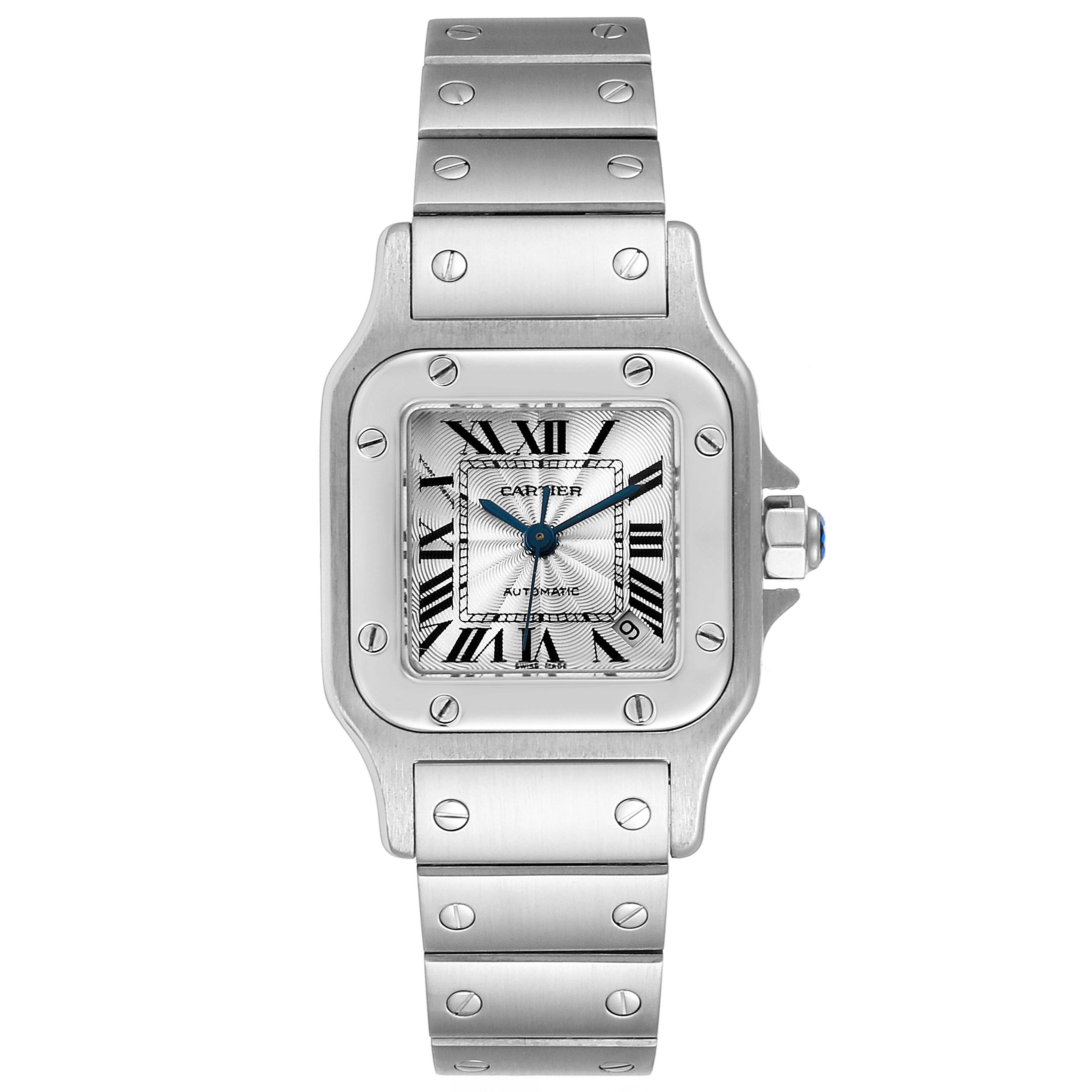 The image shows a front view of a Cartier Santos W20044D6 Women's Stainless Steel Silver Dial W20044D6 Women's Stainless Steel Silver Dial watch, highlighting its square face, bezel, and metal bracelet.