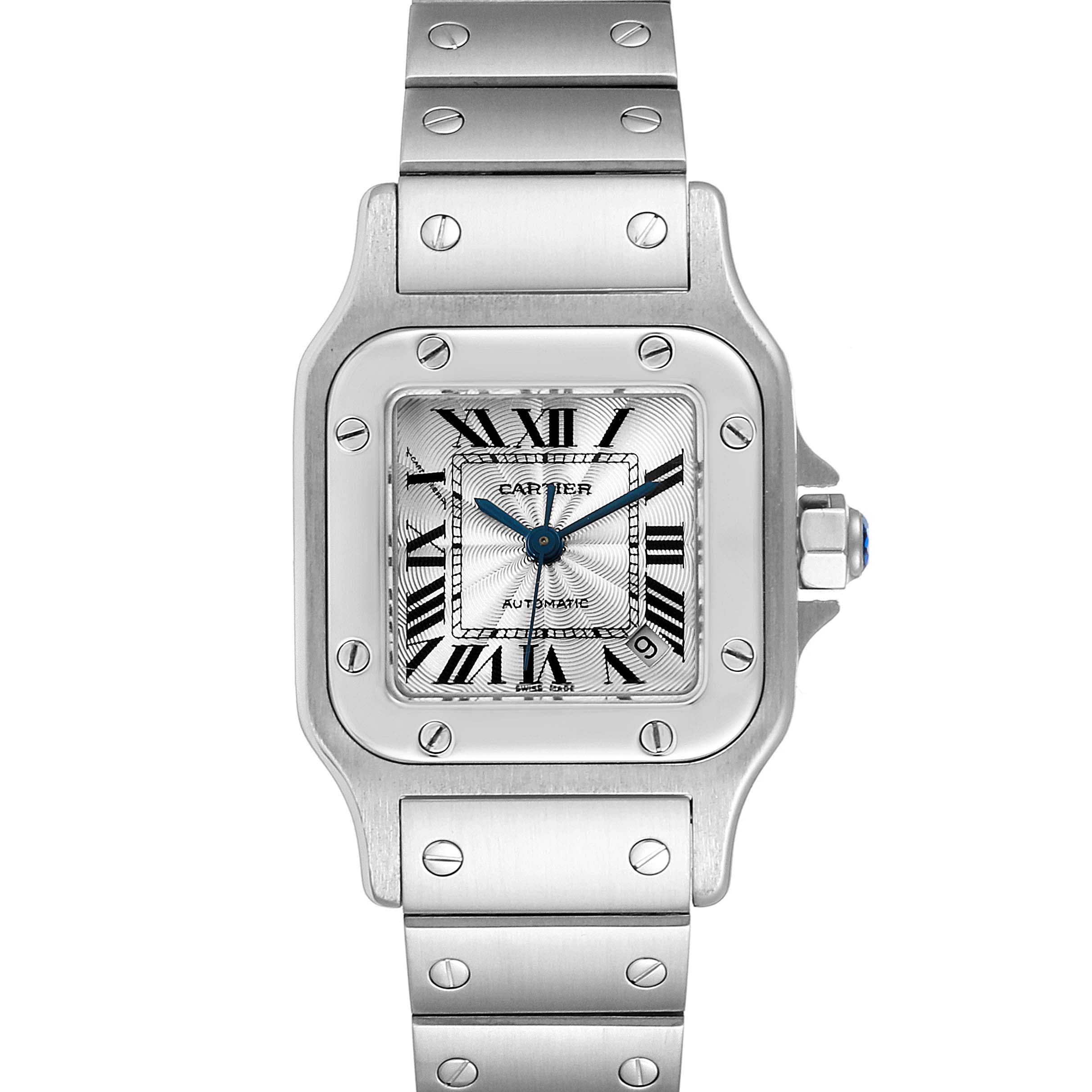 The image shows a Cartier Santos W20044D6 Women's Stainless Steel Silver Dial W20044D6 Women's Stainless Steel Silver Dial watch from a front angle, highlighting its dial, bezel, bracelet, and crown.