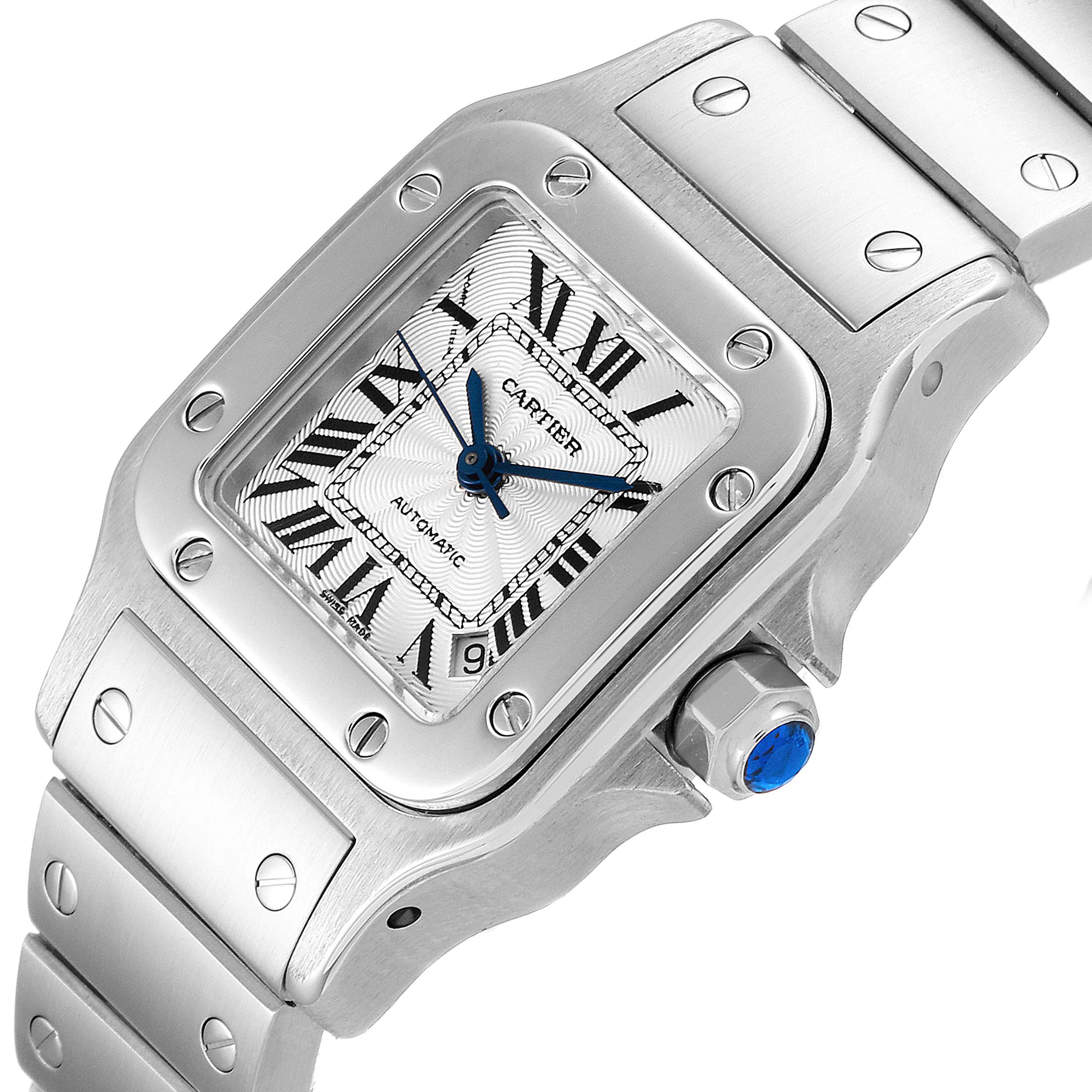 The shown Cartier Santos W20044D6 Women's Stainless Steel Silver Dial W20044D6 Women's Stainless Steel Silver Dial model watch is angled to feature its face, bezel, crown, and part of its metal bracelet.