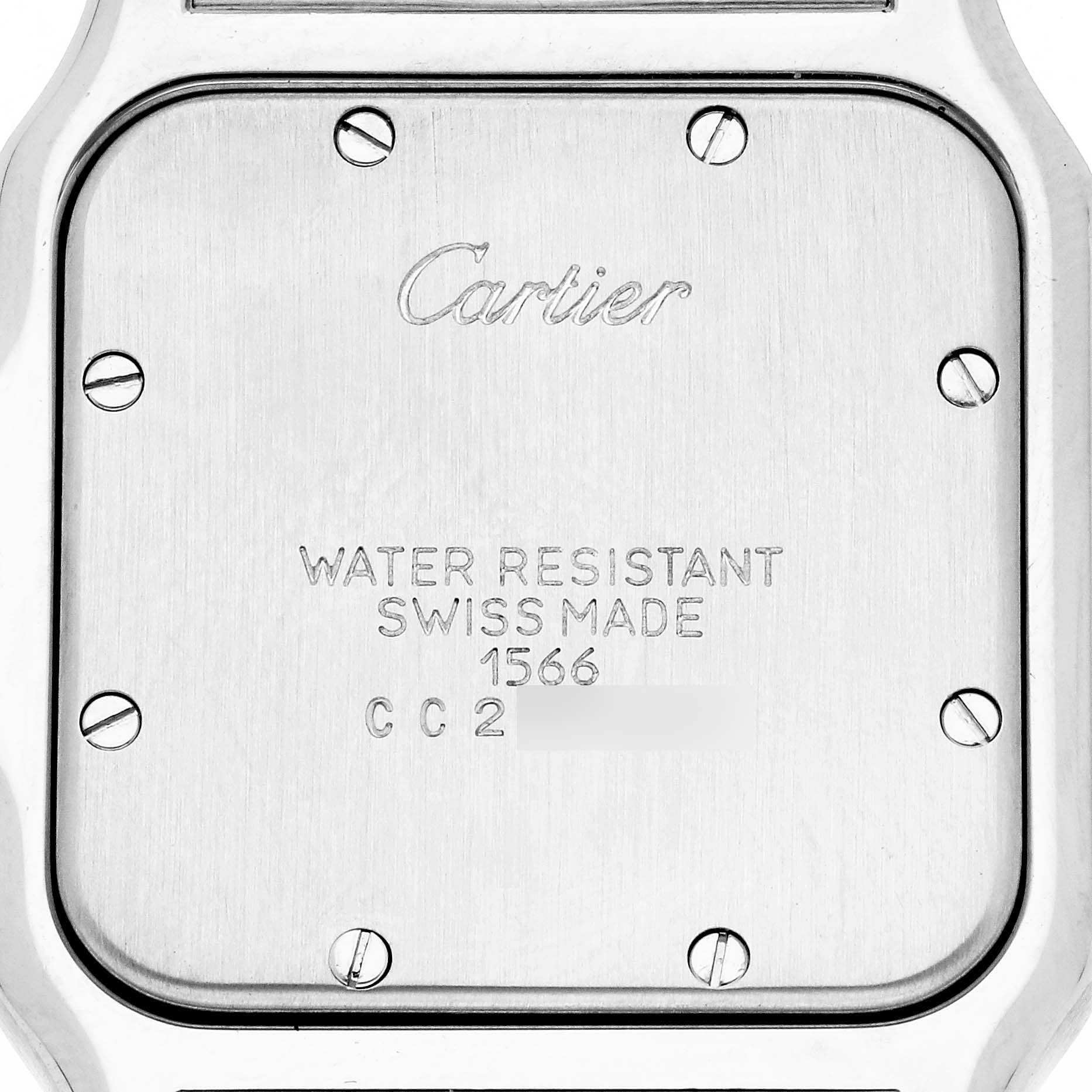 This image shows the back case of a Cartier Santos W20011C4 Men's Steel and Gold (two tone) Silver Dial W20011C4 Men's Steel and Gold (two tone) Silver Dial watch, displaying the brand name and technical details engraved.