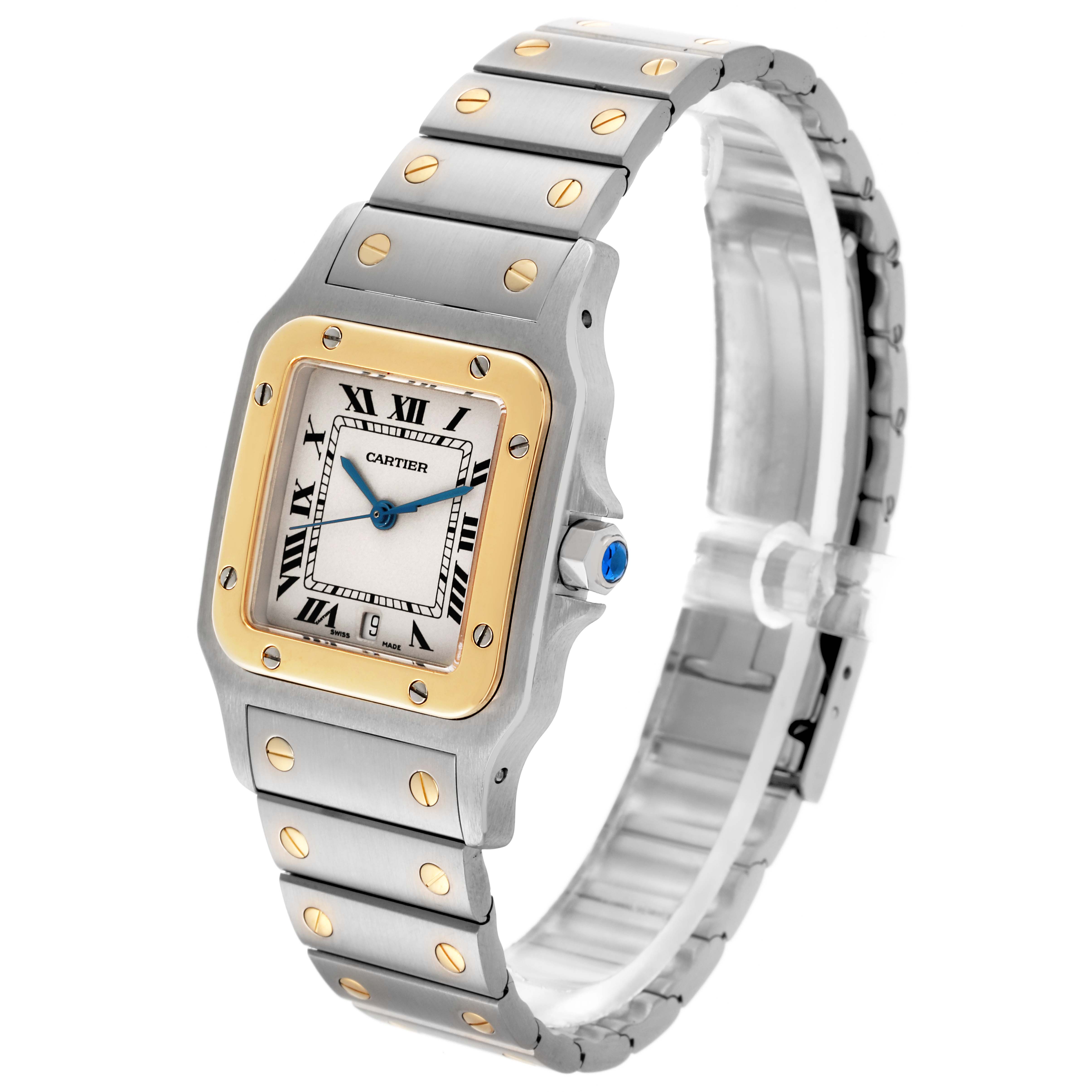 The Cartier Santos W20011C4 Men's Steel and Gold (two tone) Silver Dial W20011C4 Men's Steel and Gold (two tone) Silver Dial watch is shown from a front angle, displaying its face, bezel, and part of the bracelet.