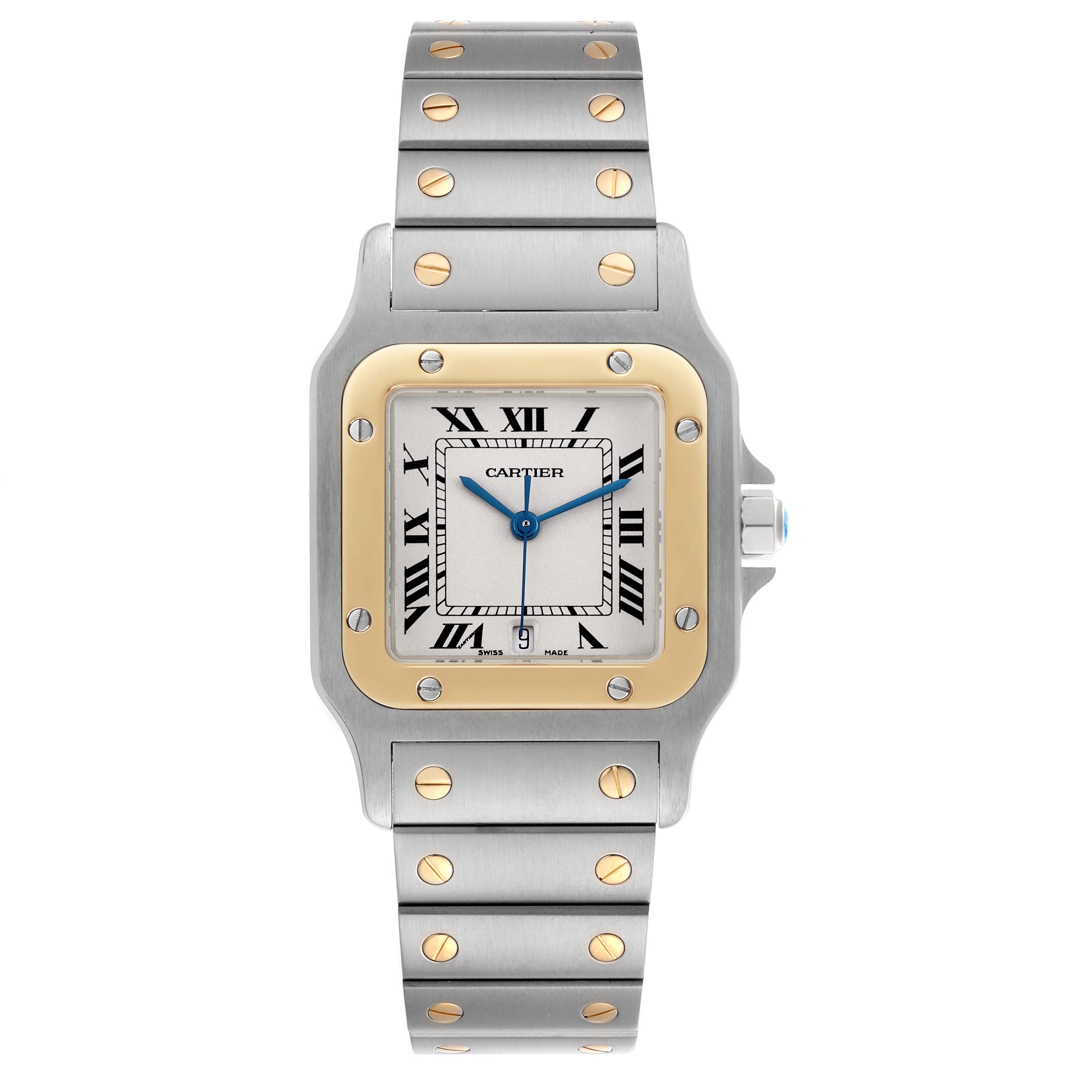 The Cartier Santos W20011C4 Men's Steel and Gold (two tone) Silver Dial W20011C4 Men's Steel and Gold (two tone) Silver Dial watch is shown from a front angle, displaying its face, bezel, bracelet, and crown.