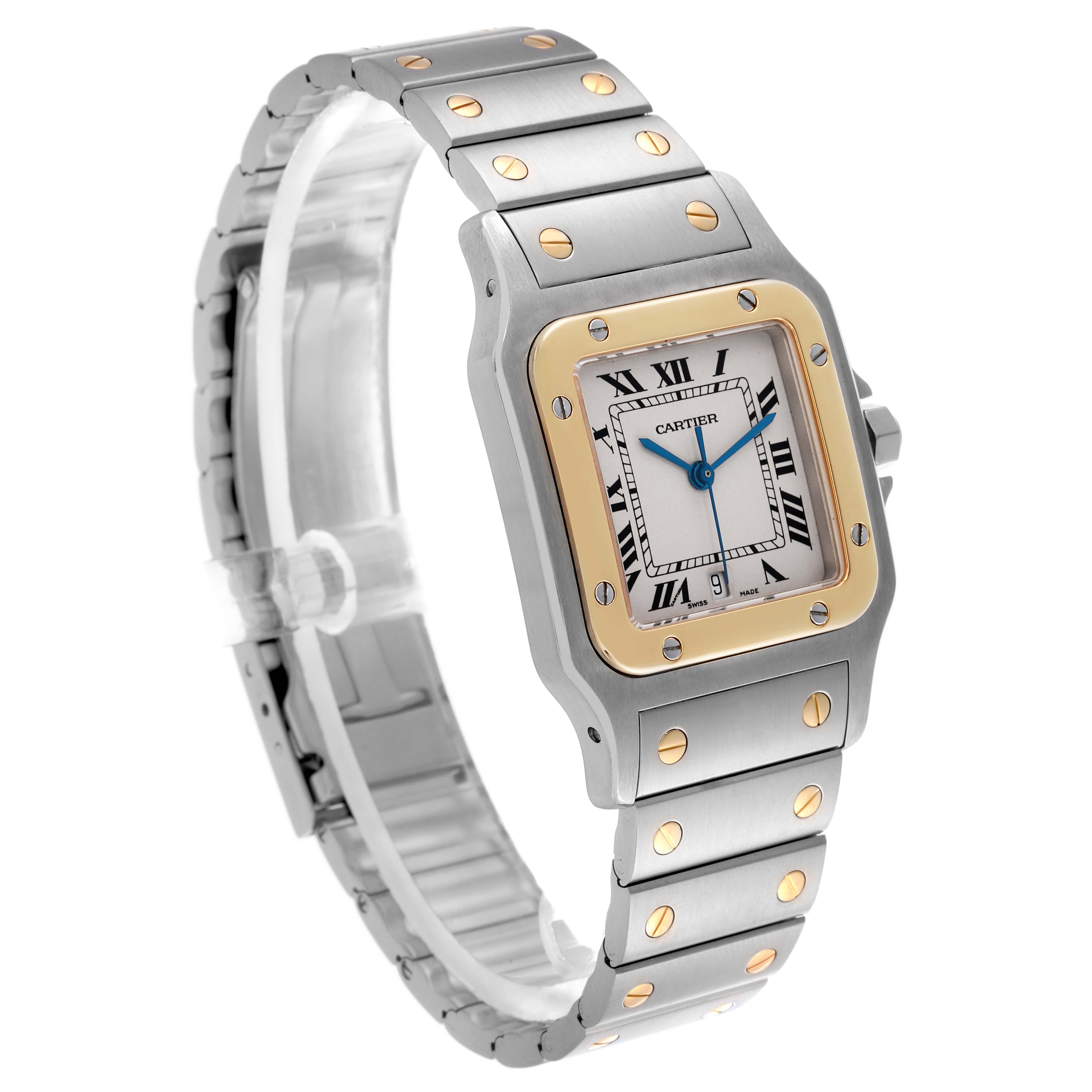 The Cartier Santos W20011C4 Men's Steel and Gold (two tone) Silver Dial W20011C4 Men's Steel and Gold (two tone) Silver Dial watch is shown at an angle highlighting the face, bezel, and bracelet with visible screws and two-tone design.