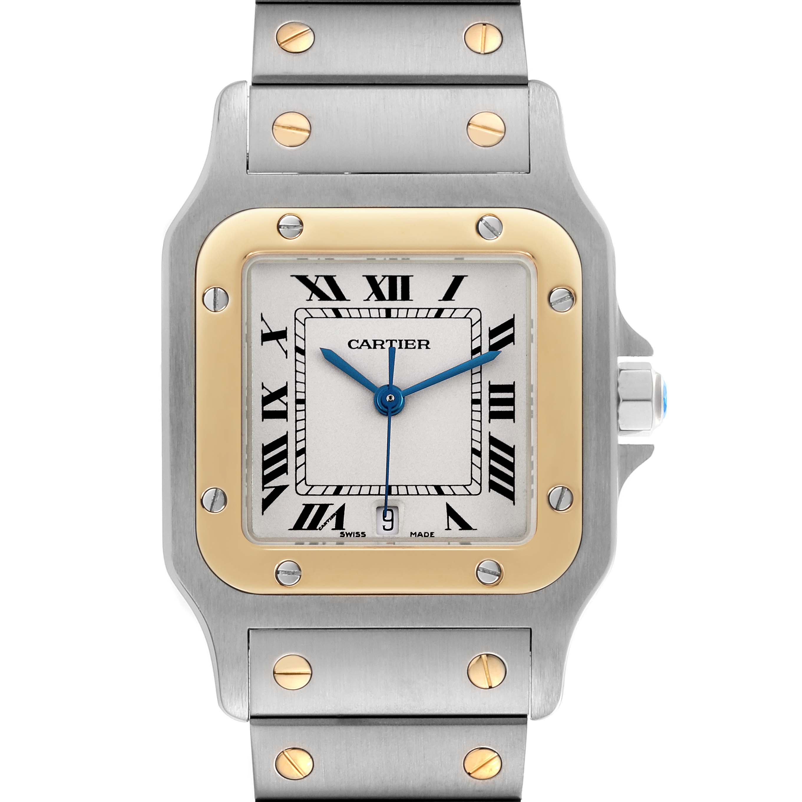 The Cartier Santos W20011C4 Men's Steel and Gold (two tone) Silver Dial W20011C4 Men's Steel and Gold (two tone) Silver Dial watch is shown from the front, highlighting the dial, bezel, and parts of the bracelet with visible screws.