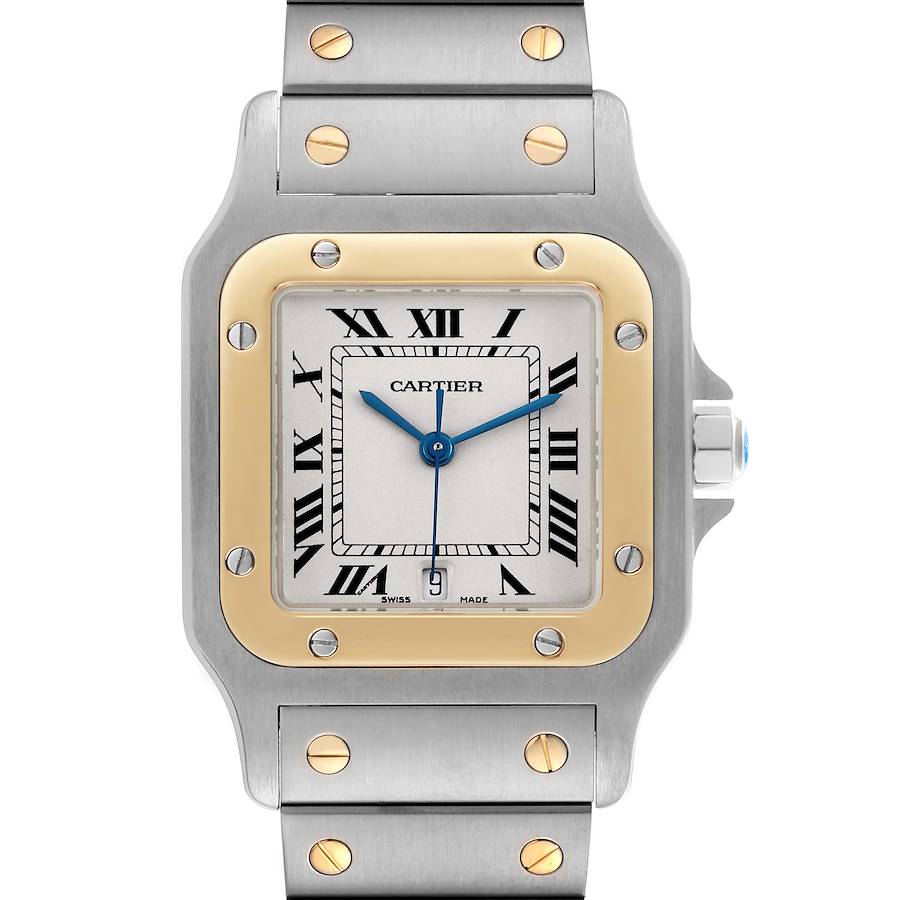 The Cartier Santos watch is shown from the front, highlighting the dial, bezel, and parts of the bracelet with visible screws.