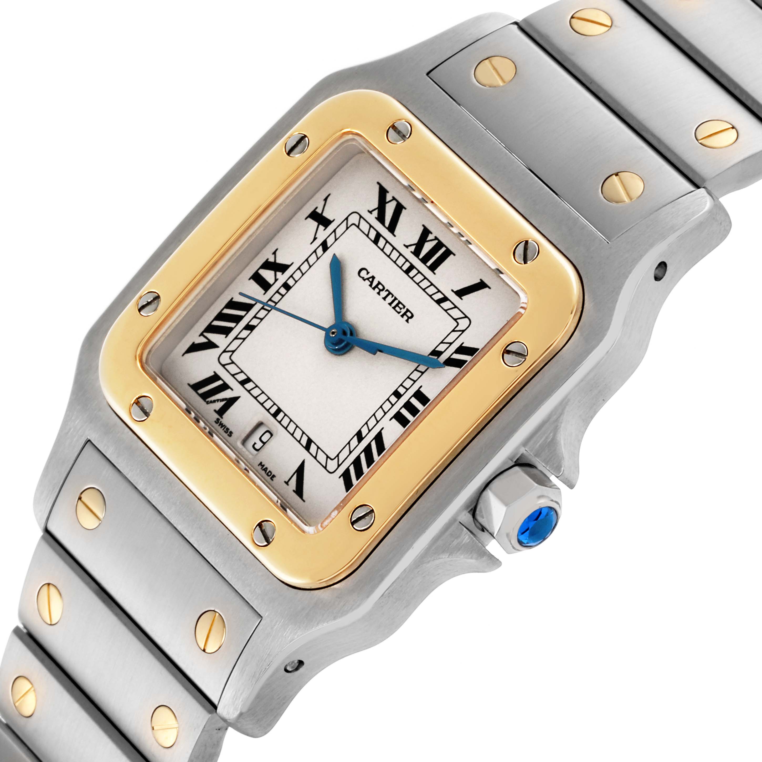 The Cartier Santos W20011C4 Men's Steel and Gold (two tone) Silver Dial W20011C4 Men's Steel and Gold (two tone) Silver Dial watch is shown from a top angle, highlighting the face, bezel, and part of the bracelet.