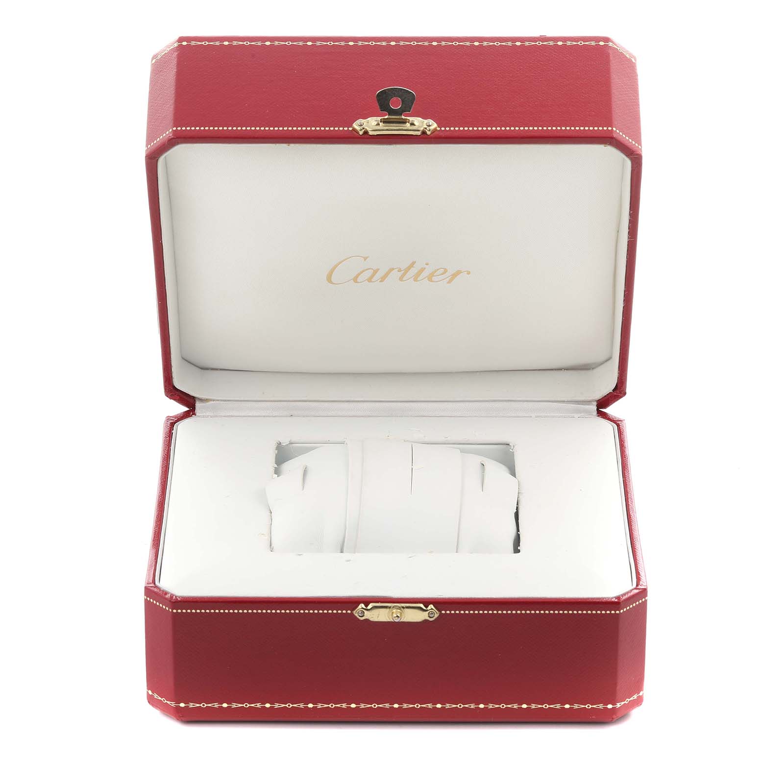 The image shows a red Cartier watch box for the Santos model, displayed open with the interior visible.