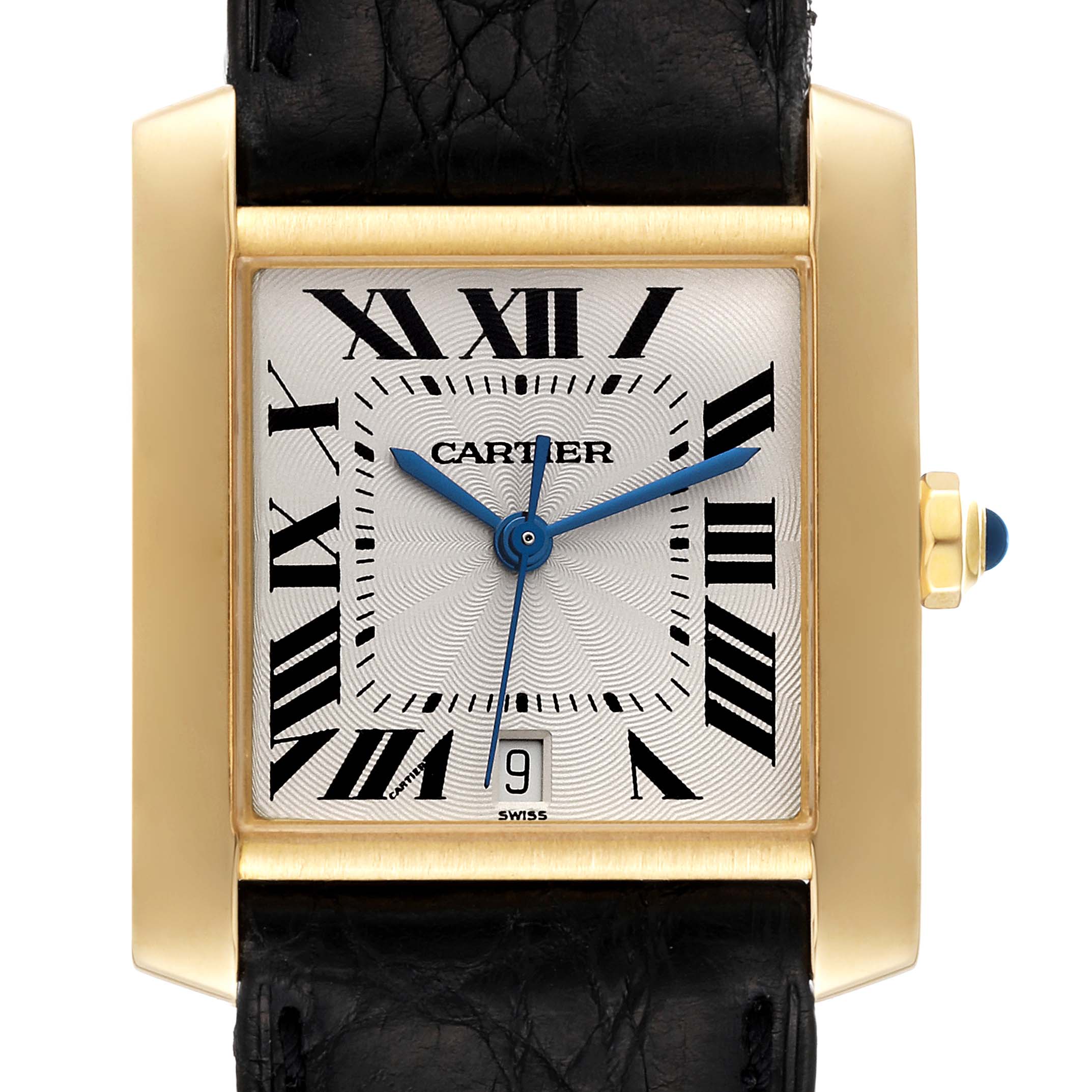 The image shows a front view of a Cartier Tank Francaise W5000156 Men's Yellow Gold Silver Dial W5000156 Men's Yellow Gold Silver Dial watch, showcasing the face, dial, and part of the strap.