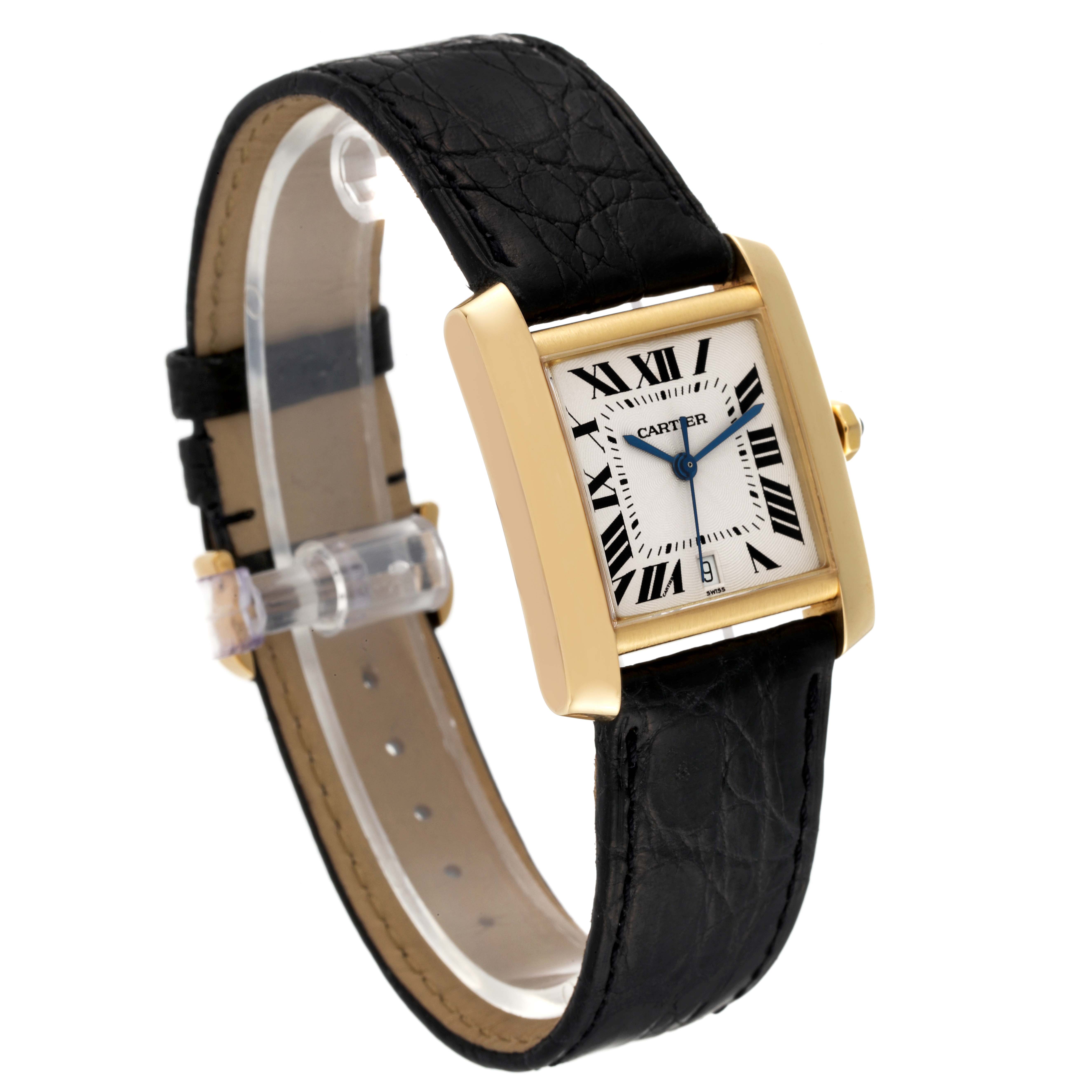 The image shows a Cartier Tank Française watch at a slight angle, highlighting the face, black strap, and gold casing.