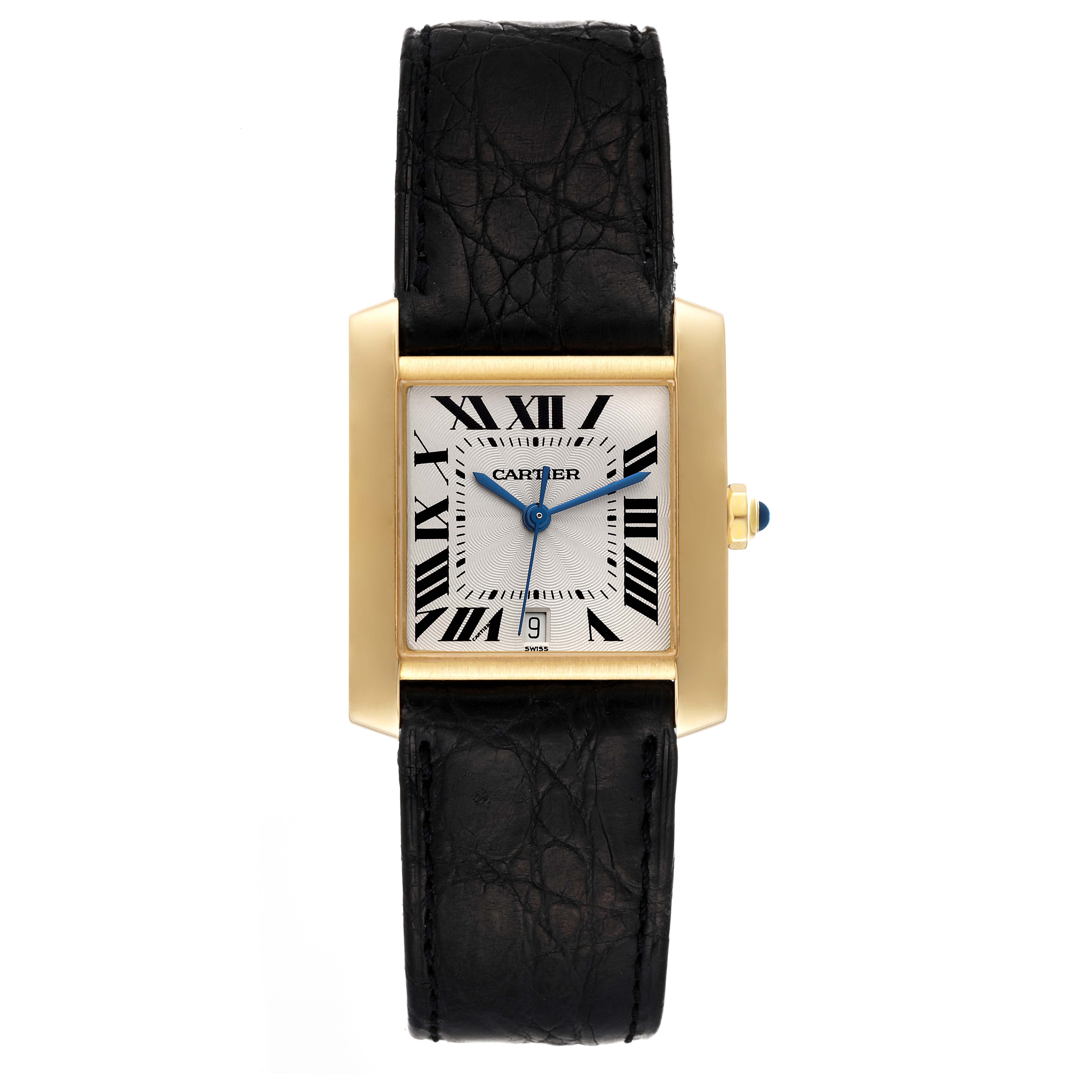 This is a front view of the Tank Française model by Cartier, showing the rectangular face, Roman numerals, blue hands, and black leather strap.
