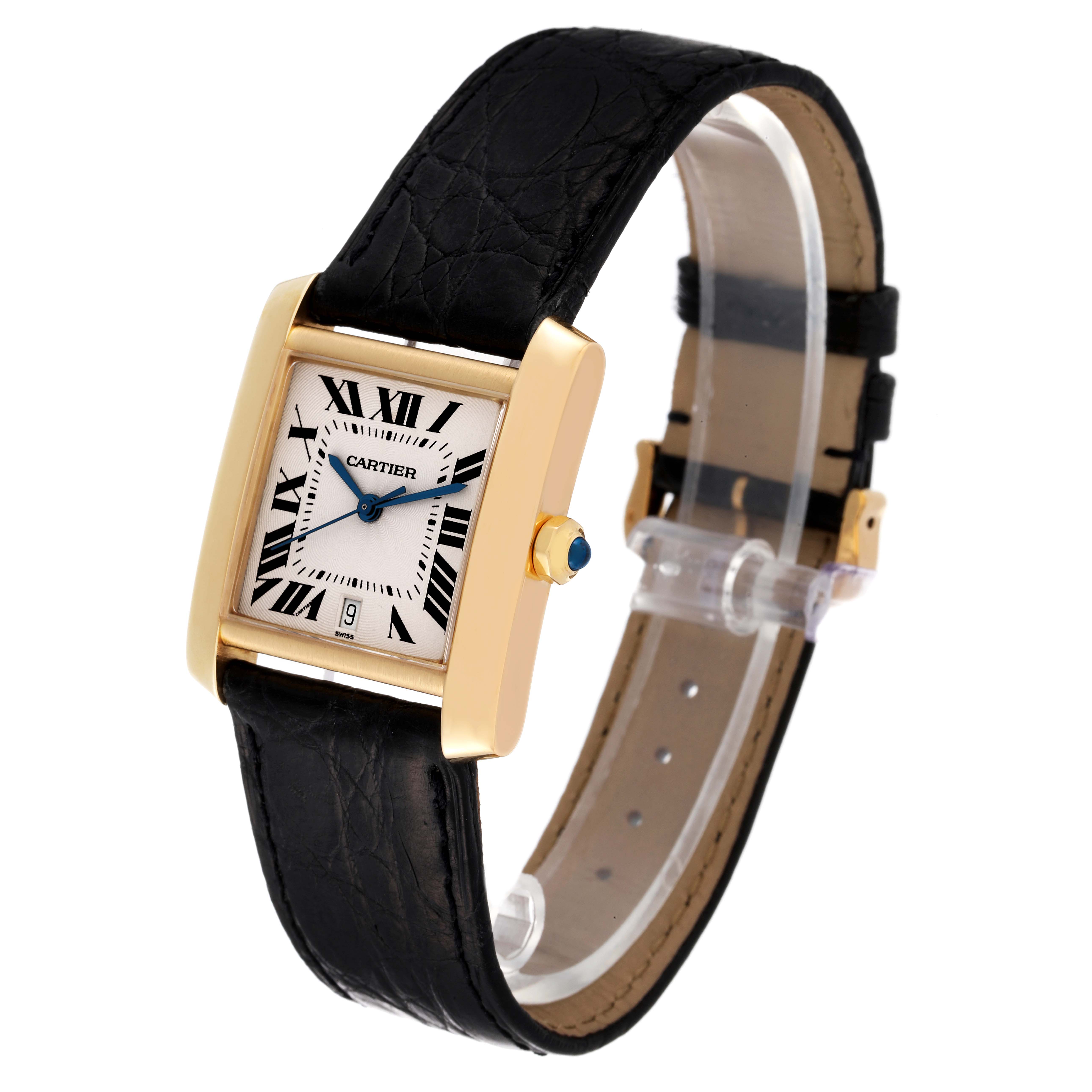 This image shows a Cartier Tank Francaise W5000156 Men's Yellow Gold Silver Dial W5000156 Men's Yellow Gold Silver Dial watch with a gold rectangular case and black leather strap, viewed from an angled top perspective.