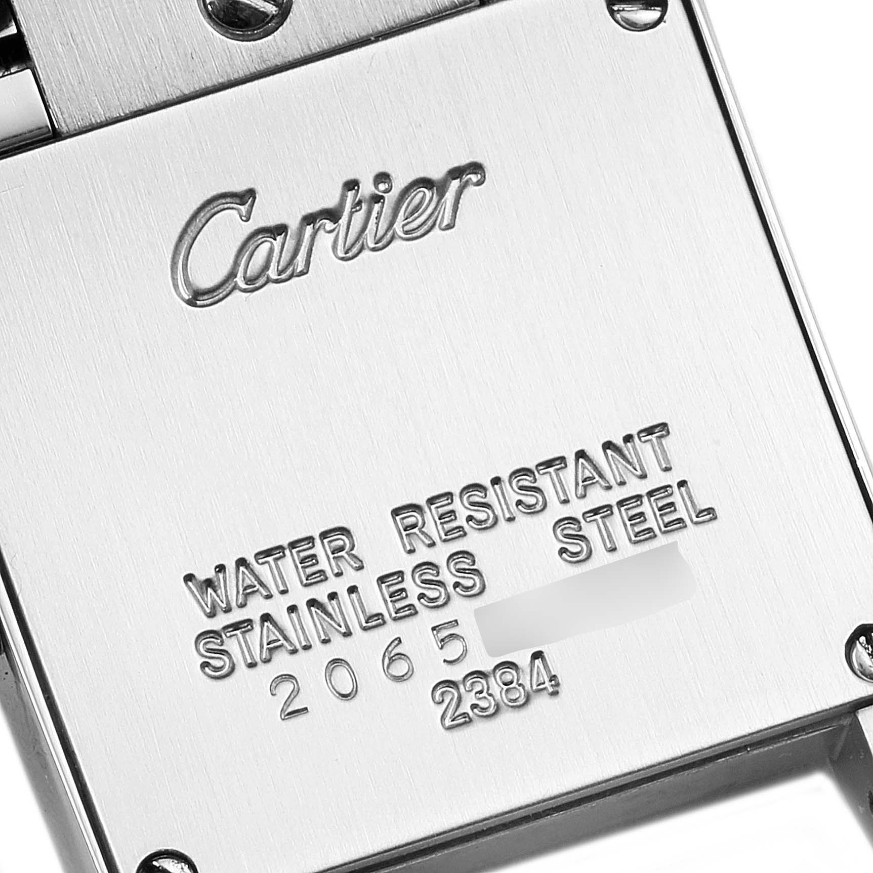 This image shows the back case of a Cartier Tank Francaise W51008Q3 Women's Stainless Steel Silver Dial W51008Q3 Women's Stainless Steel Silver Dial watch, highlighting its material and water resistance.