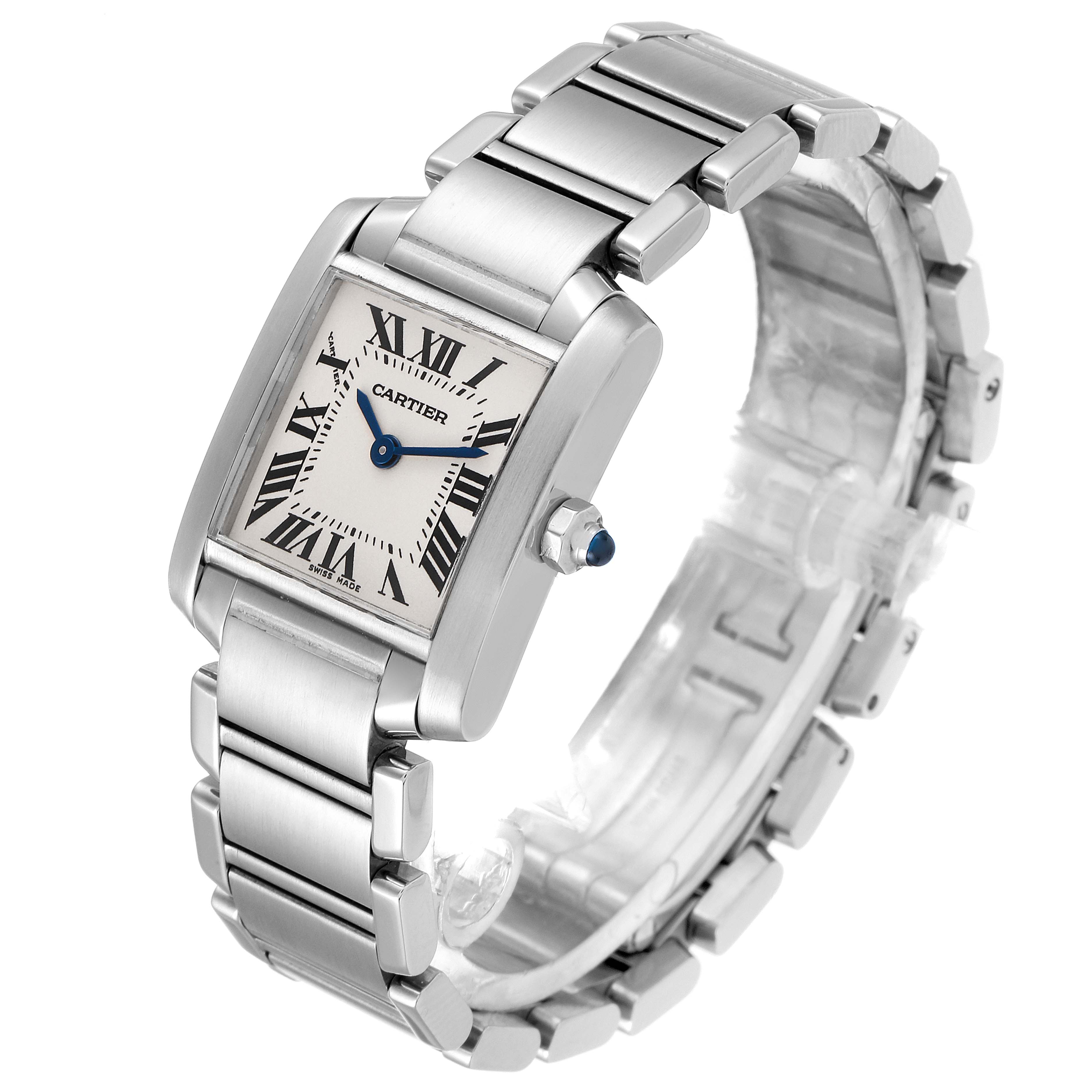 This image of a Cartier Tank Francaise W51008Q3 Women's Stainless Steel Silver Dial W51008Q3 Women's Stainless Steel Silver Dial watch shows the front and side angles, displaying the face, bracelet, and crown.