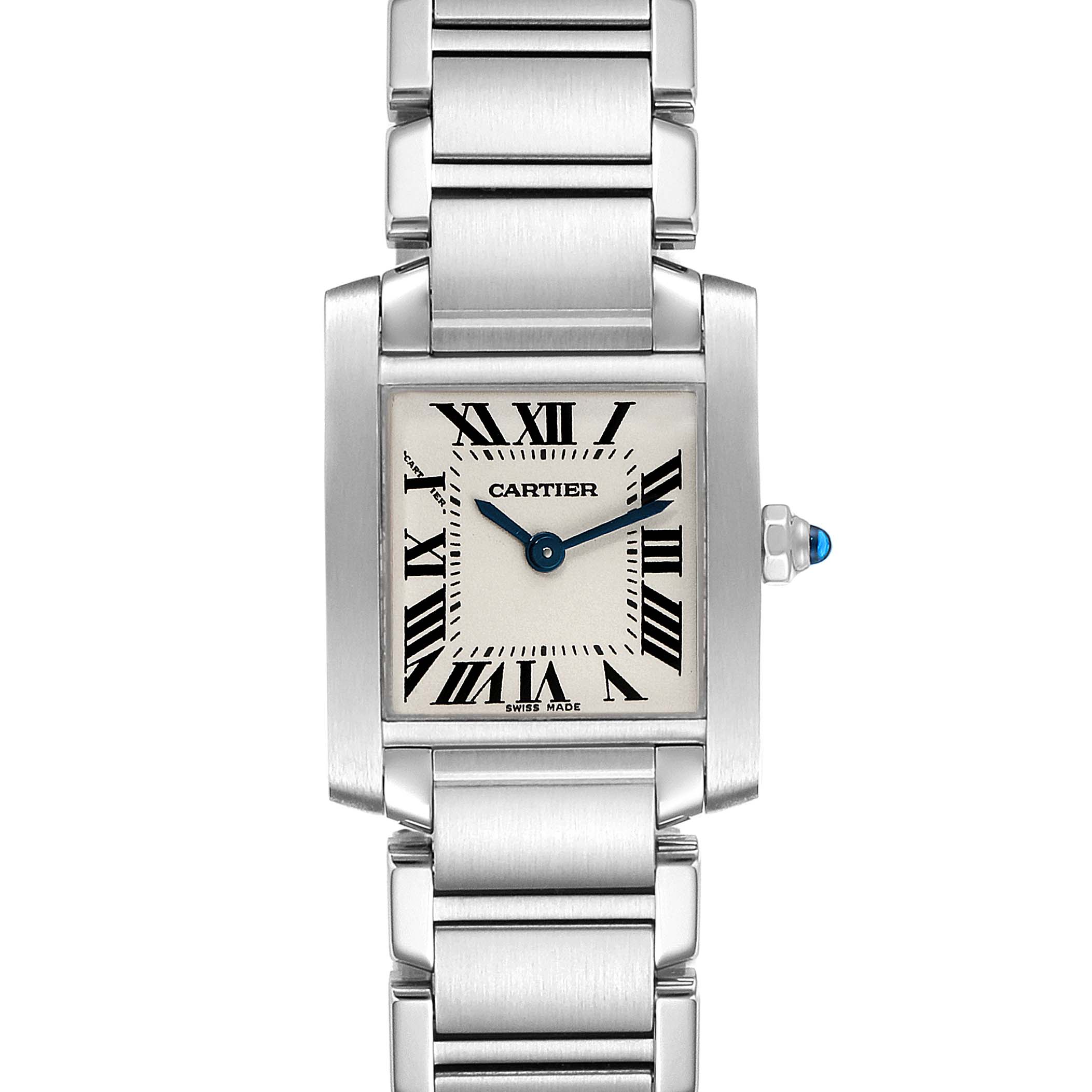 The Cartier Tank Francaise W51008Q3 Women's Stainless Steel Silver Dial W51008Q3 Women's Stainless Steel Silver Dial watch is shown from a top-down angle, displaying the face, bracelet, and crown.