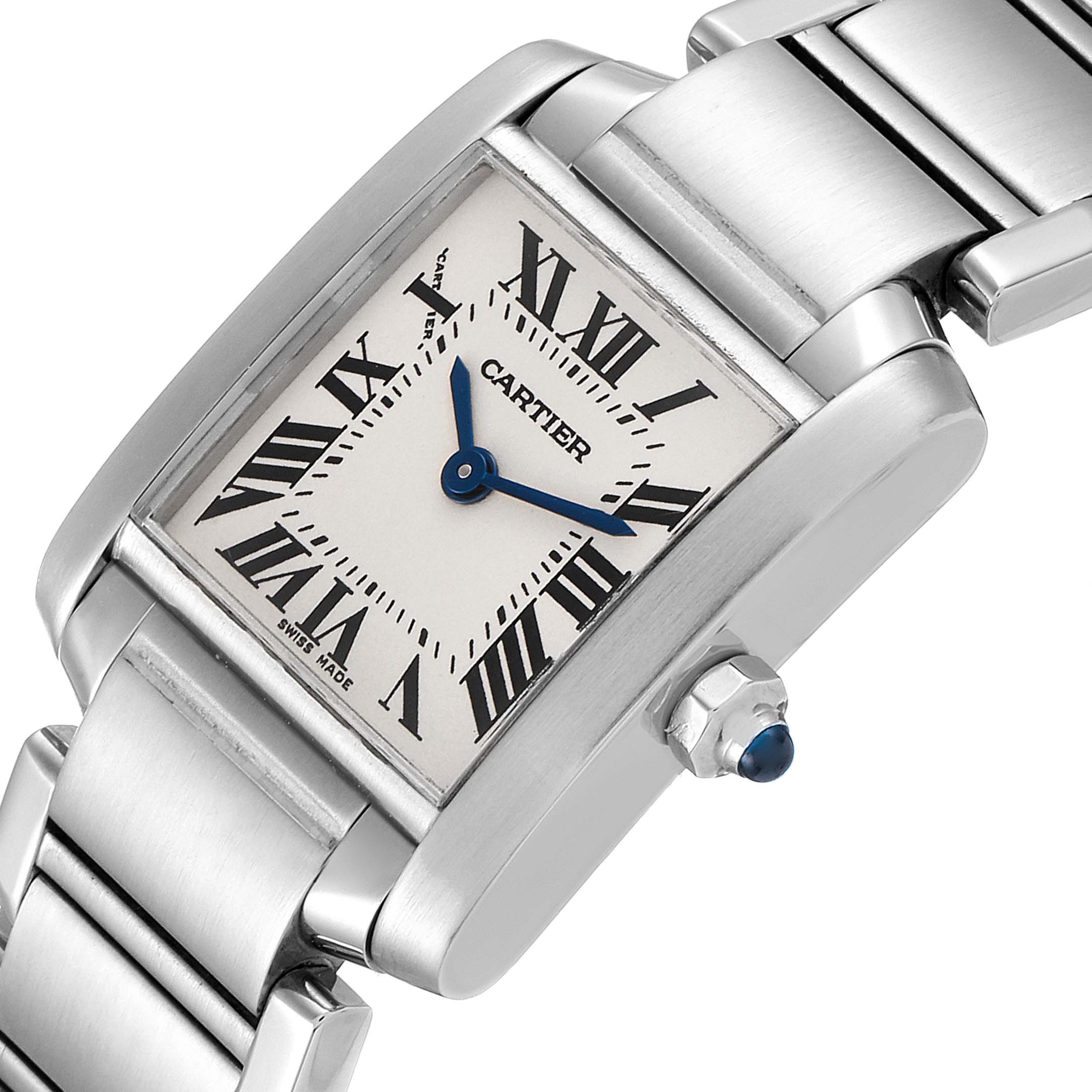 The image shows a close-up angle of the Cartier Tank Francaise W51008Q3 Women's Stainless Steel Silver Dial W51008Q3 Women's Stainless Steel Silver Dial watch, highlighting its face, Roman numerals, and part of the bracelet.