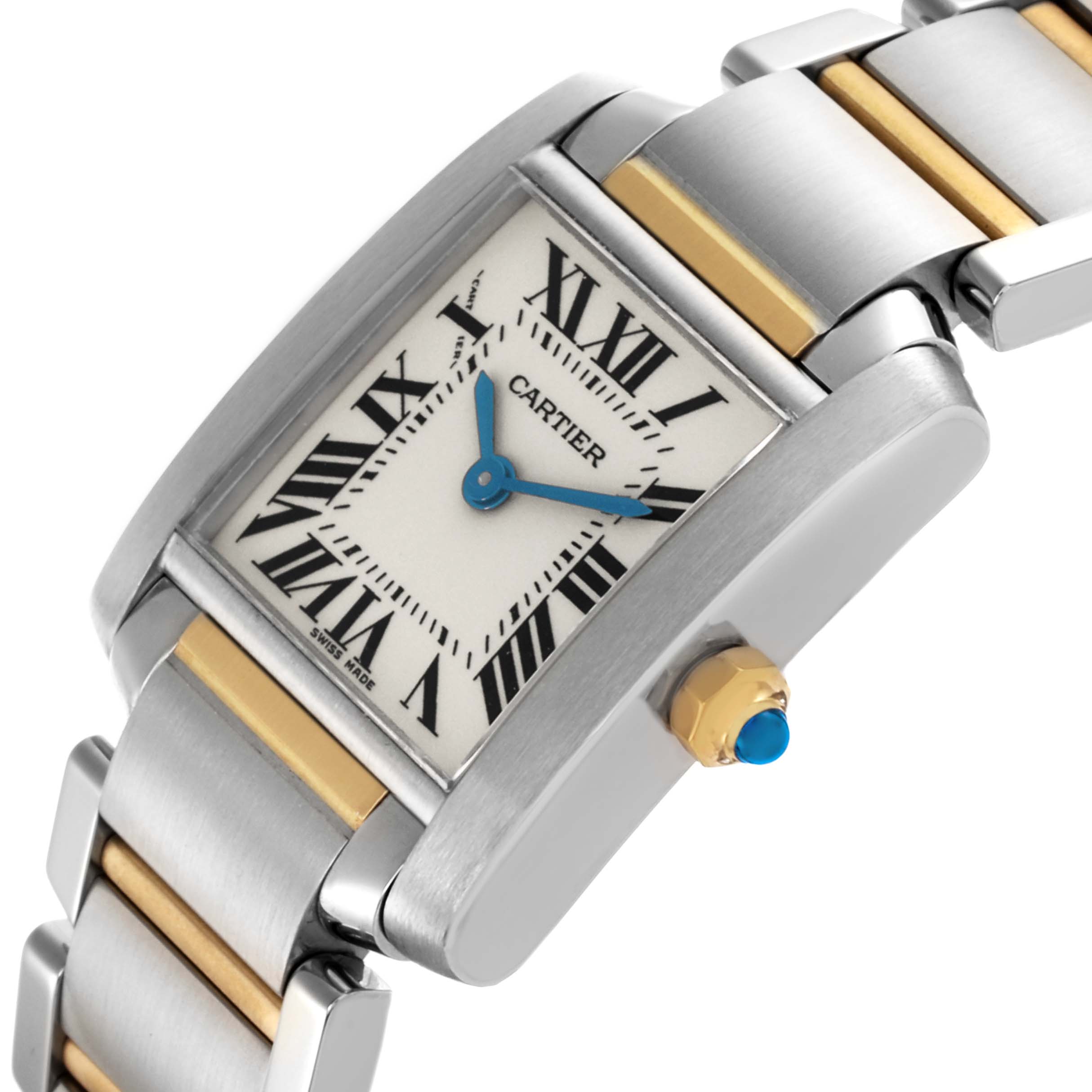 The Cartier Tank Francaise W51007Q4 Women's Steel and Gold (two tone) Silver Dial W51007Q4 Women's Steel and Gold (two tone) Silver Dial watch is shown at a diagonal angle, highlighting the case, bracelet, crown, and Roman numeral dial.