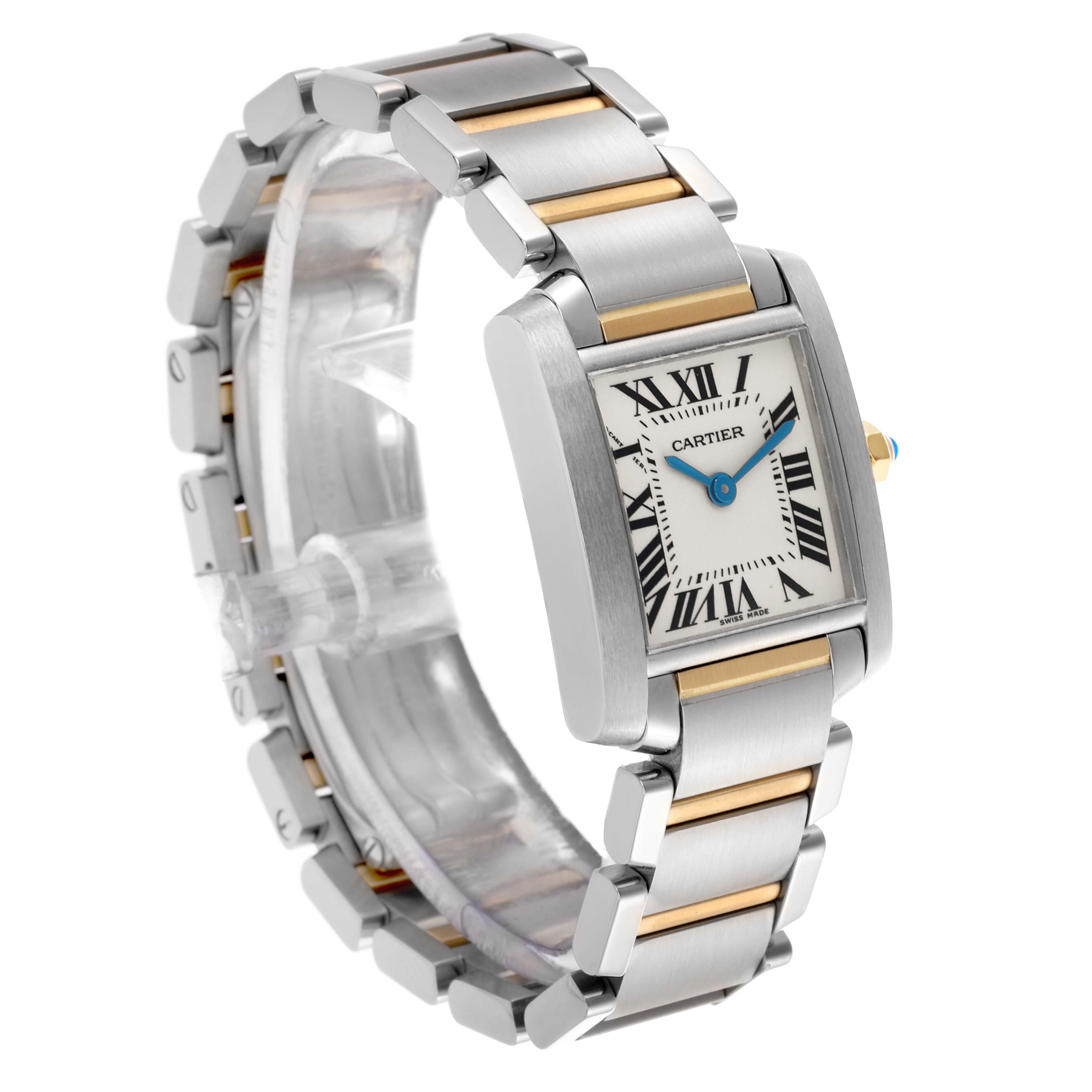 The Cartier Tank Francaise W51007Q4 Women's Steel and Gold (two tone) Silver Dial W51007Q4 Women's Steel and Gold (two tone) Silver Dial watch is shown from a three-quarter angle, highlighting its two-tone bracelet and rectangular face.