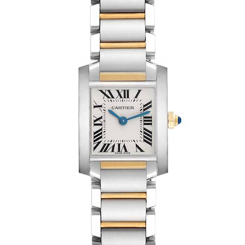 The Cartier Tank Française watch is shown from a front view, highlighting its rectangular face, Roman numerals, and metal bracelet.