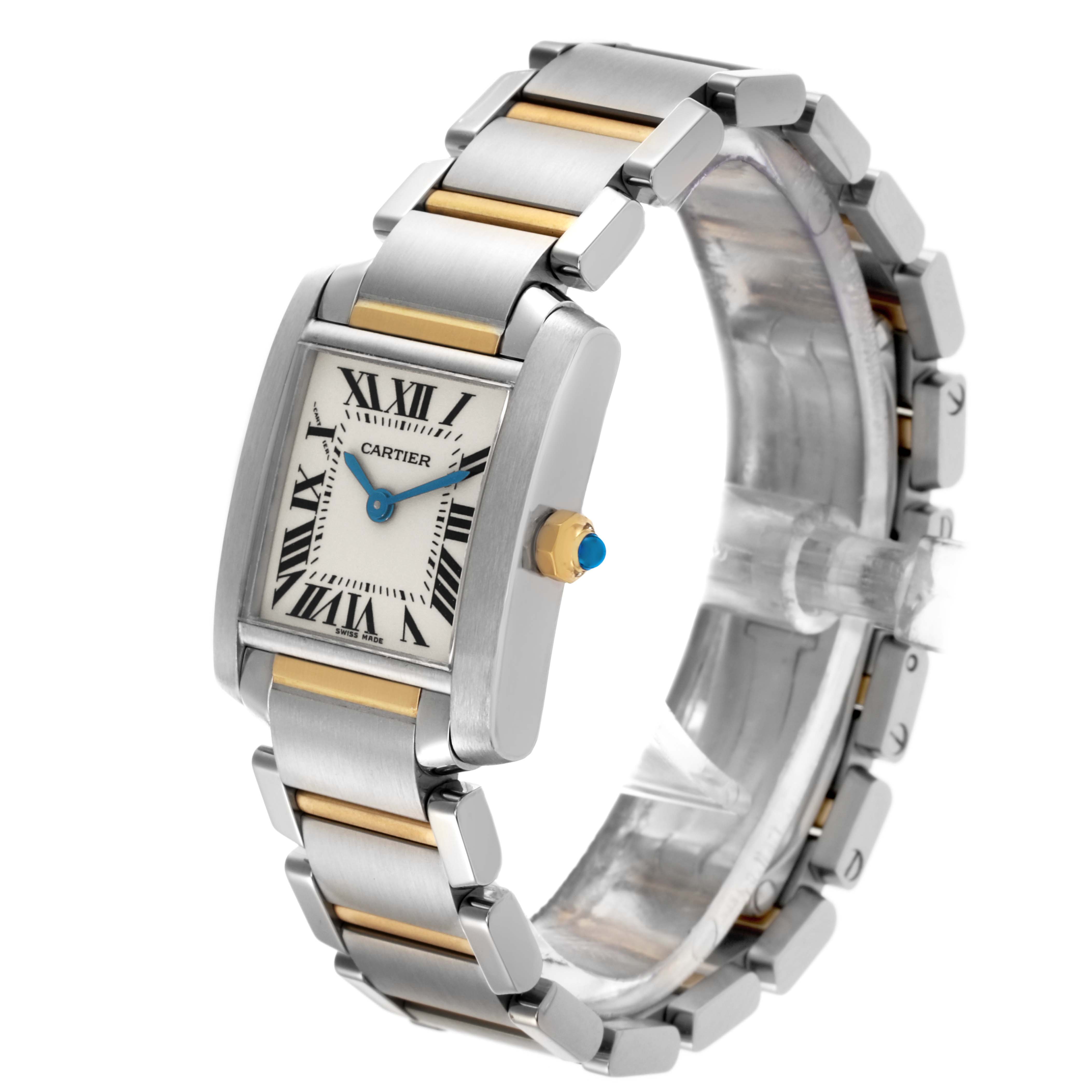 The image shows a Cartier Tank Française watch at a three-quarter angle, highlighting its two-tone metal bracelet and Roman numeral dial.
