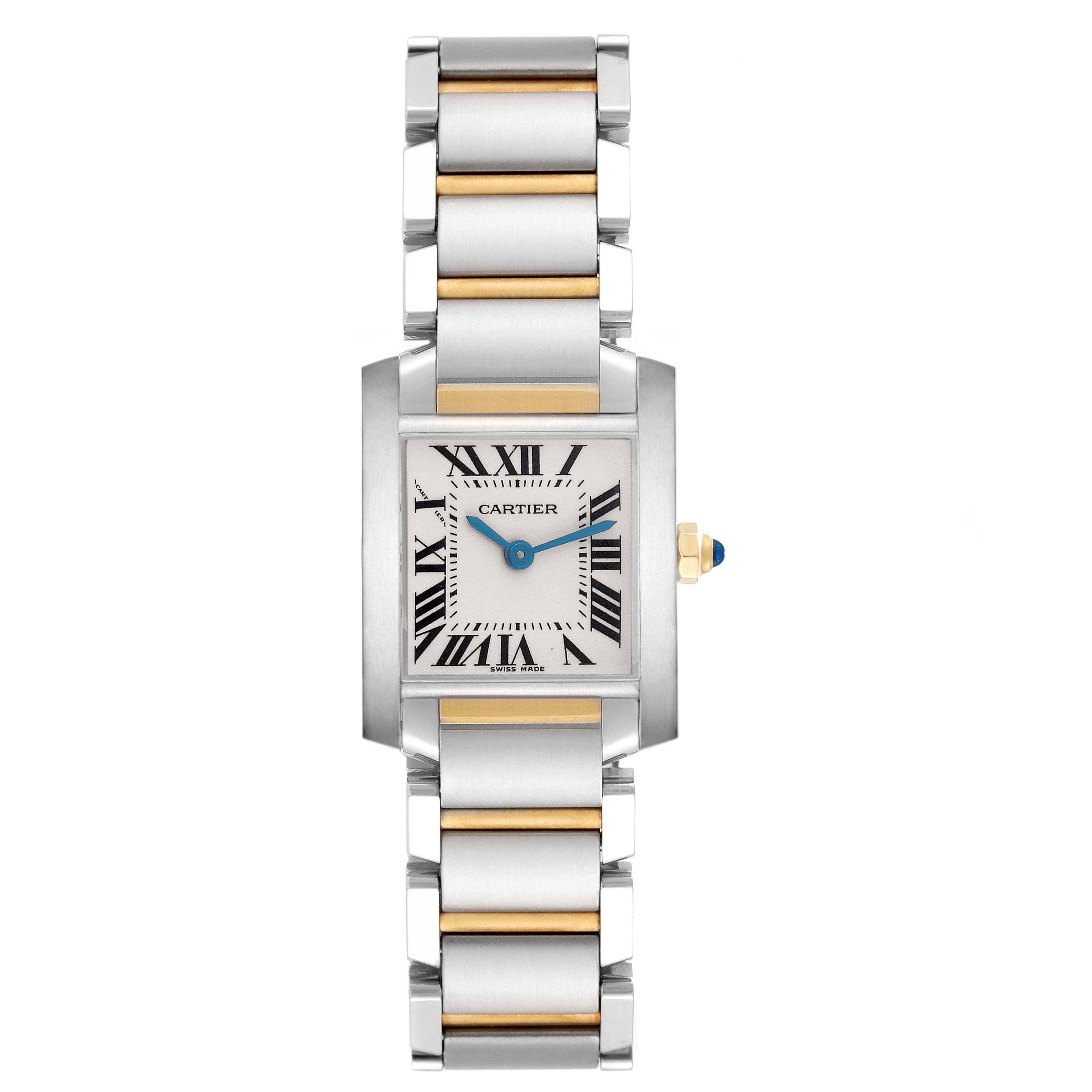 The Cartier Tank Française watch is shown from a front angle, displaying its face and metal bracelet.