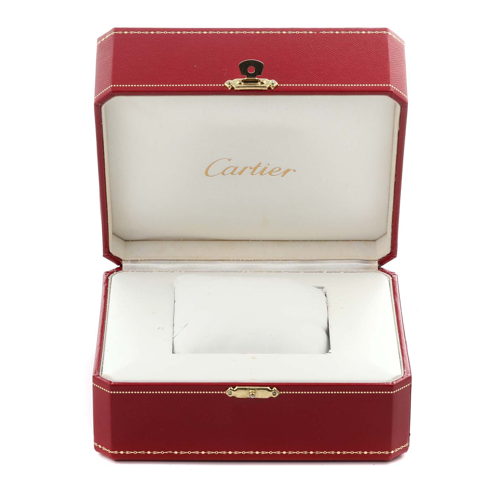 The image shows the Cartier Tank Francaise W51007Q4 Women's Steel and Gold (two tone) Silver Dial W51007Q4 Women's Steel and Gold (two tone) Silver Dial watch box, featuring a red exterior and a white interior with the Cartier logo.
