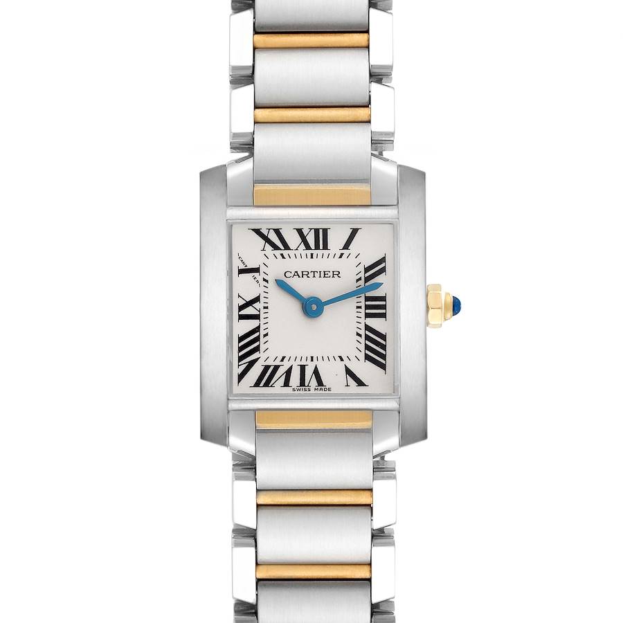 The Cartier Tank Française watch is shown from the front, highlighting its face and dual-tone bracelet.