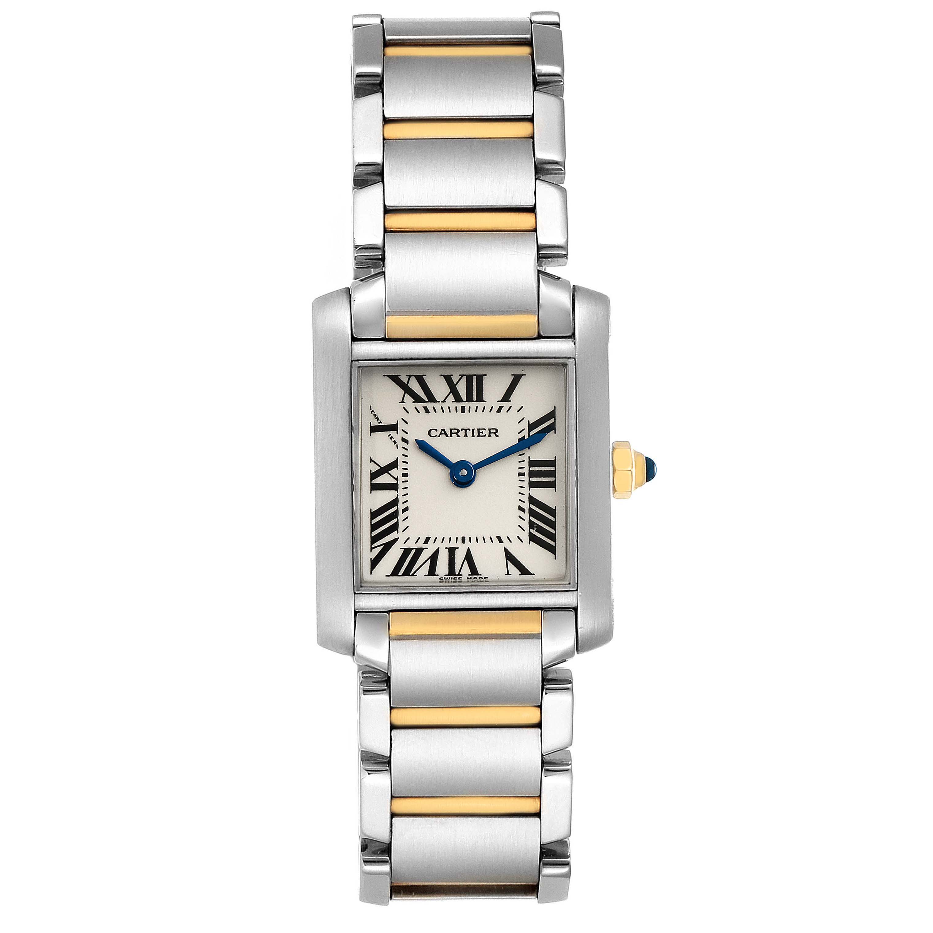 The Cartier Tank Francaise W51007Q4 Women's Steel and Gold (two tone) Silver Dial W51007Q4 Women's Steel and Gold (two tone) Silver Dial watch is shown from the front, highlighting its rectangular face and two-tone bracelet.