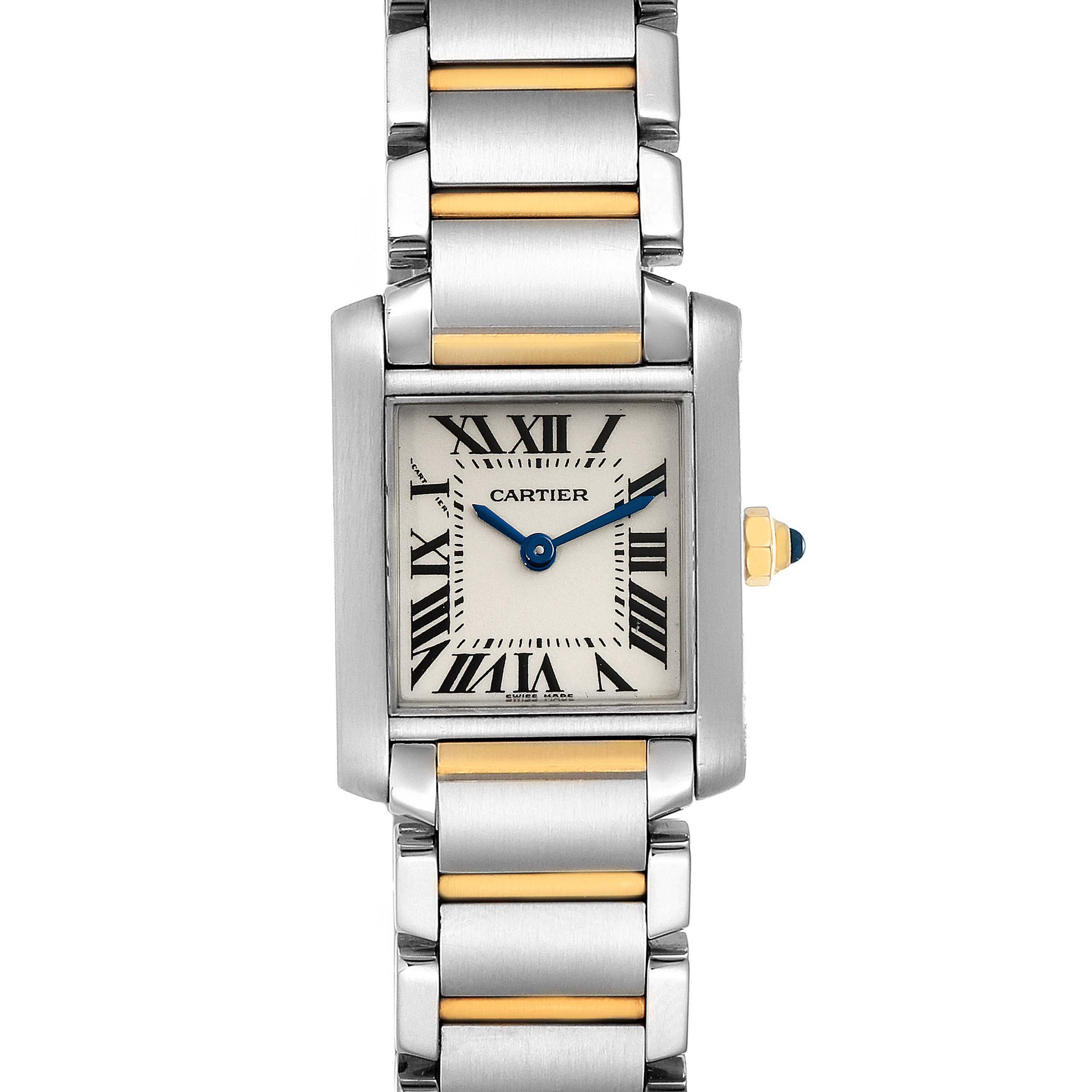The image shows a Cartier Tank Francaise W51007Q4 Women's Steel and Gold (two tone) Silver Dial W51007Q4 Women's Steel and Gold (two tone) Silver Dial watch from a front angle, highlighting the dial, bracelet, and winder.