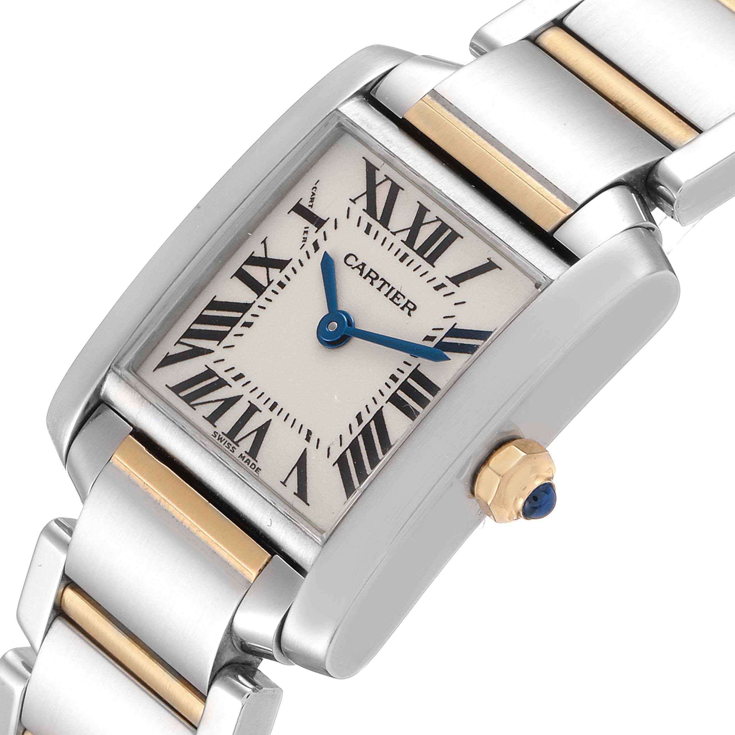The image shows a close-up angle of the Cartier Tank Francaise W51007Q4 Women's Steel and Gold (two tone) Silver Dial W51007Q4 Women's Steel and Gold (two tone) Silver Dial watch face, its crown, and its metal bracelet.