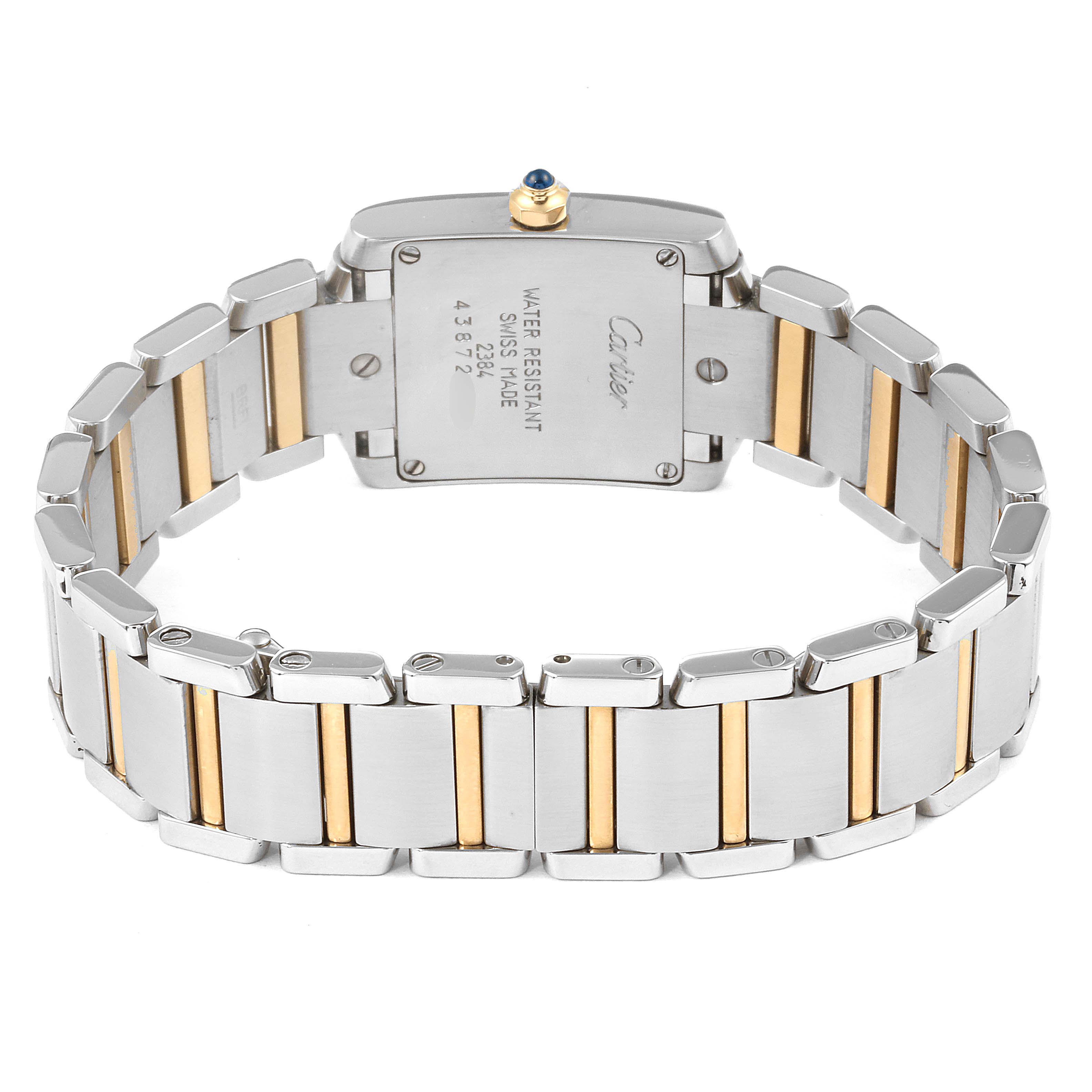 This image shows the back view of a Cartier Tank Française watch, highlighting its case back, crown, and two-tone bracelet.