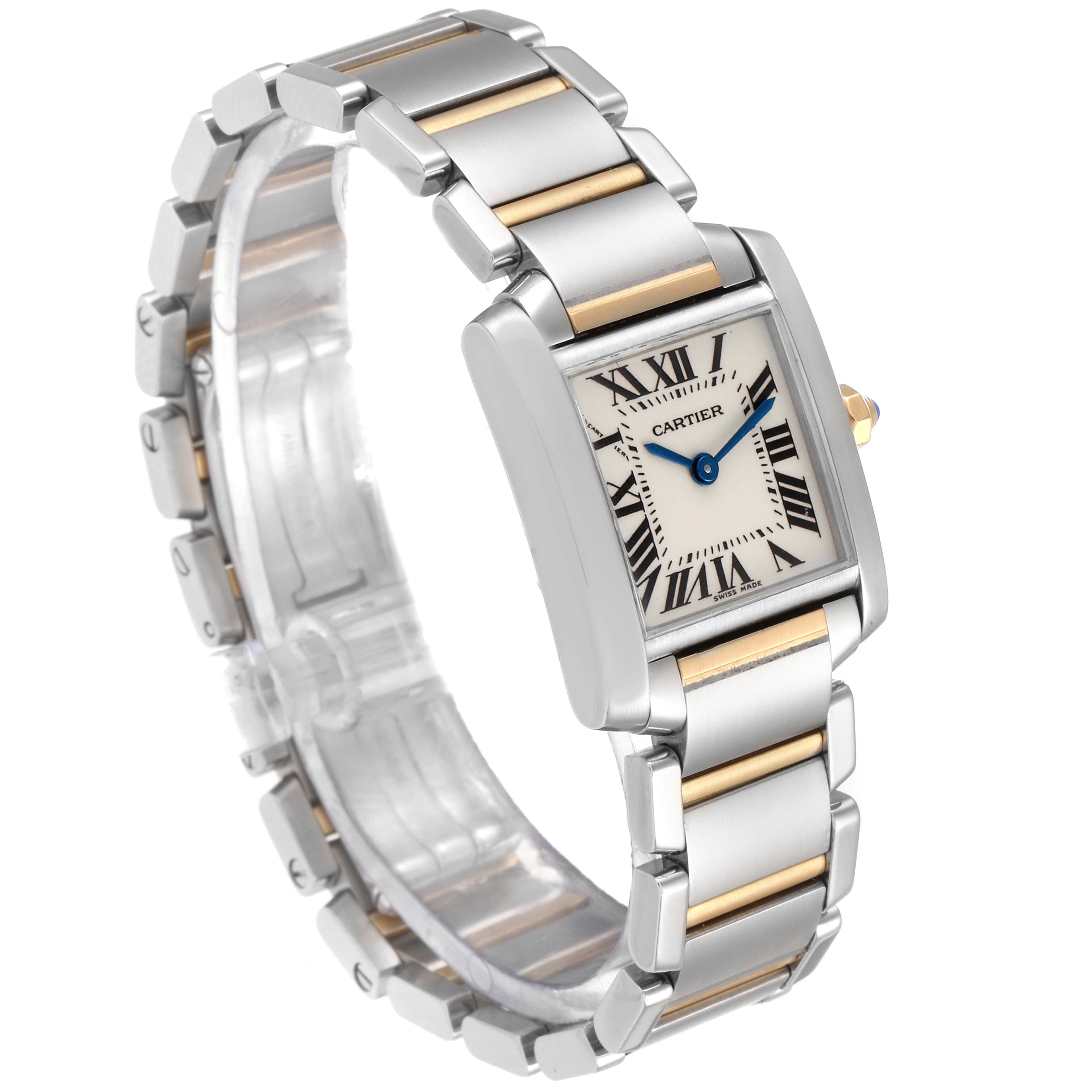 The Cartier Tank Française watch is shown at an angled side view, highlighting the face, bracelet, and Roman numeral dial.