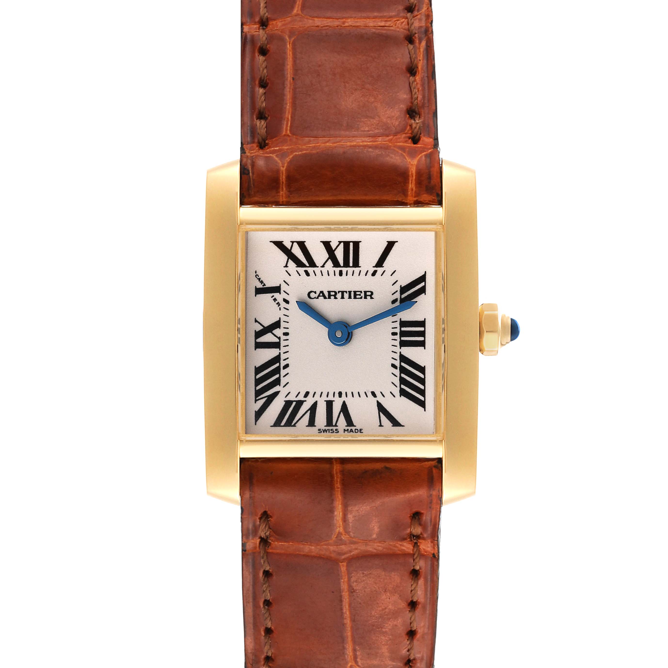 This is a frontal view of the Cartier Tank Francaise W5000256 Women's Yellow Gold Silver Dial W5000256 Women's Yellow Gold Silver Dial watch, showing the face, roman numerals, and brown leather strap.