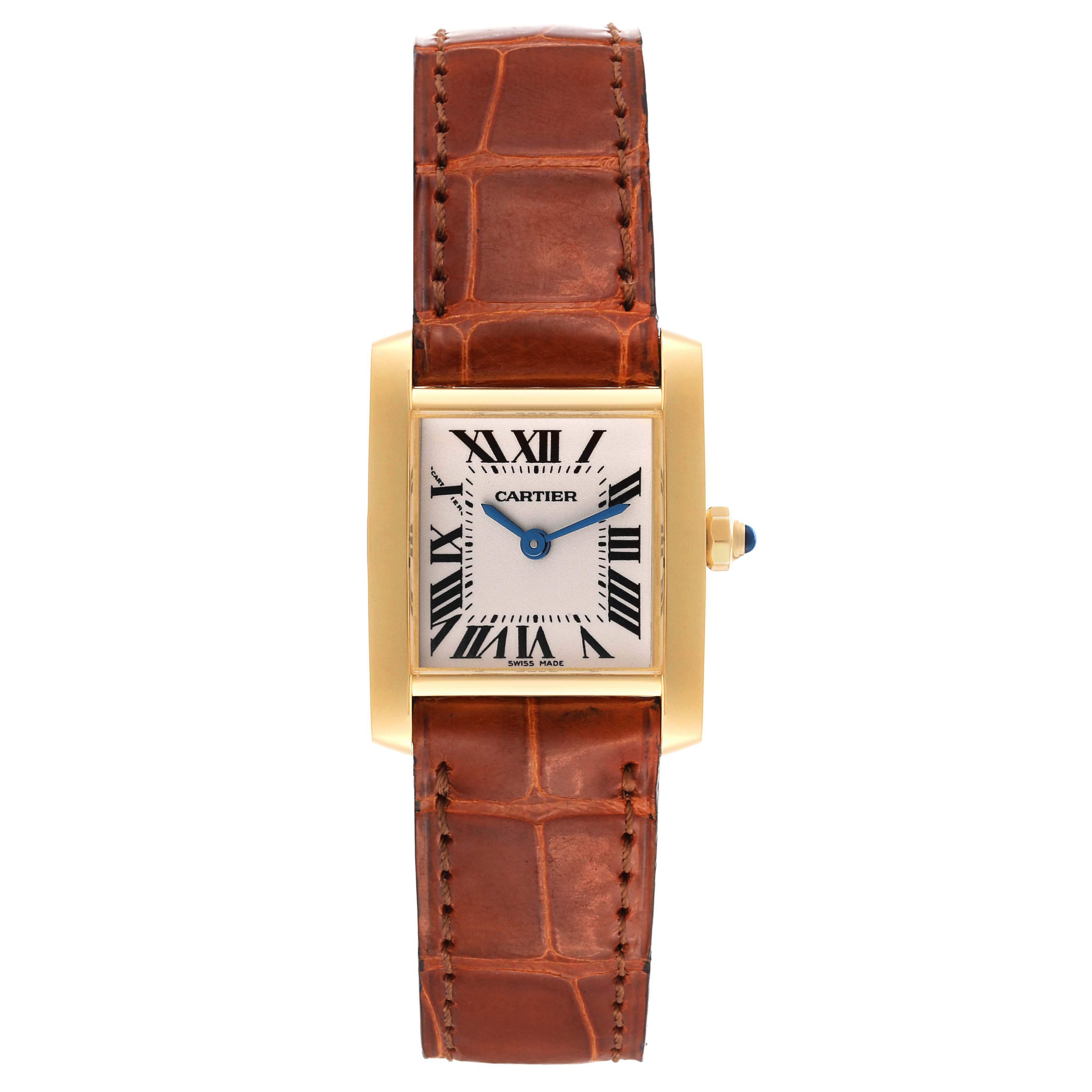 The image shows a Cartier Tank Francaise W5000256 Women's Yellow Gold Silver Dial W5000256 Women's Yellow Gold Silver Dial watch from a front angle, highlighting the dial, case, and leather strap.