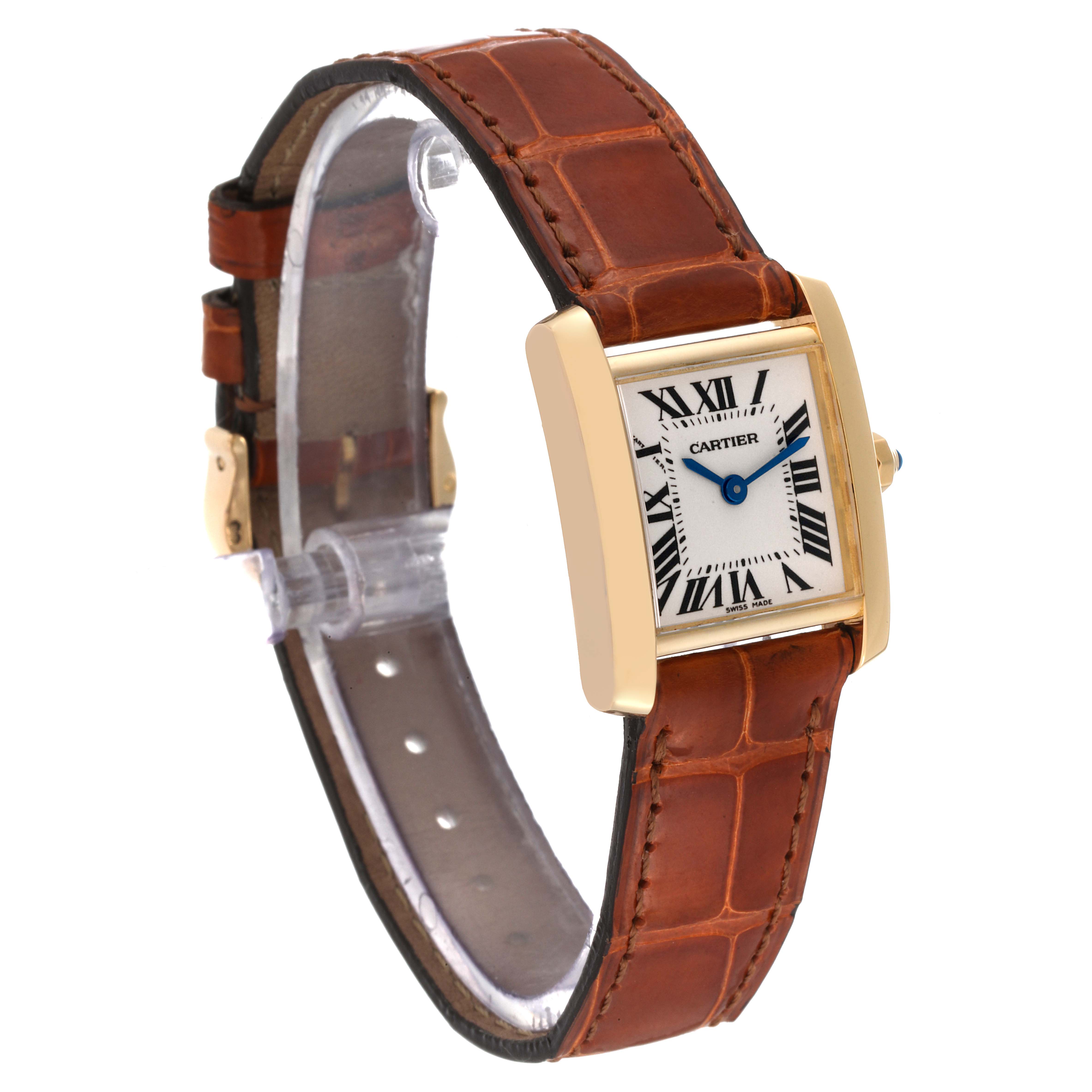 This image shows a Cartier Tank Francaise W5000256 Women's Yellow Gold Silver Dial W5000256 Women's Yellow Gold Silver Dial watch at a slight angle, displaying its rectangular face and brown leather strap.