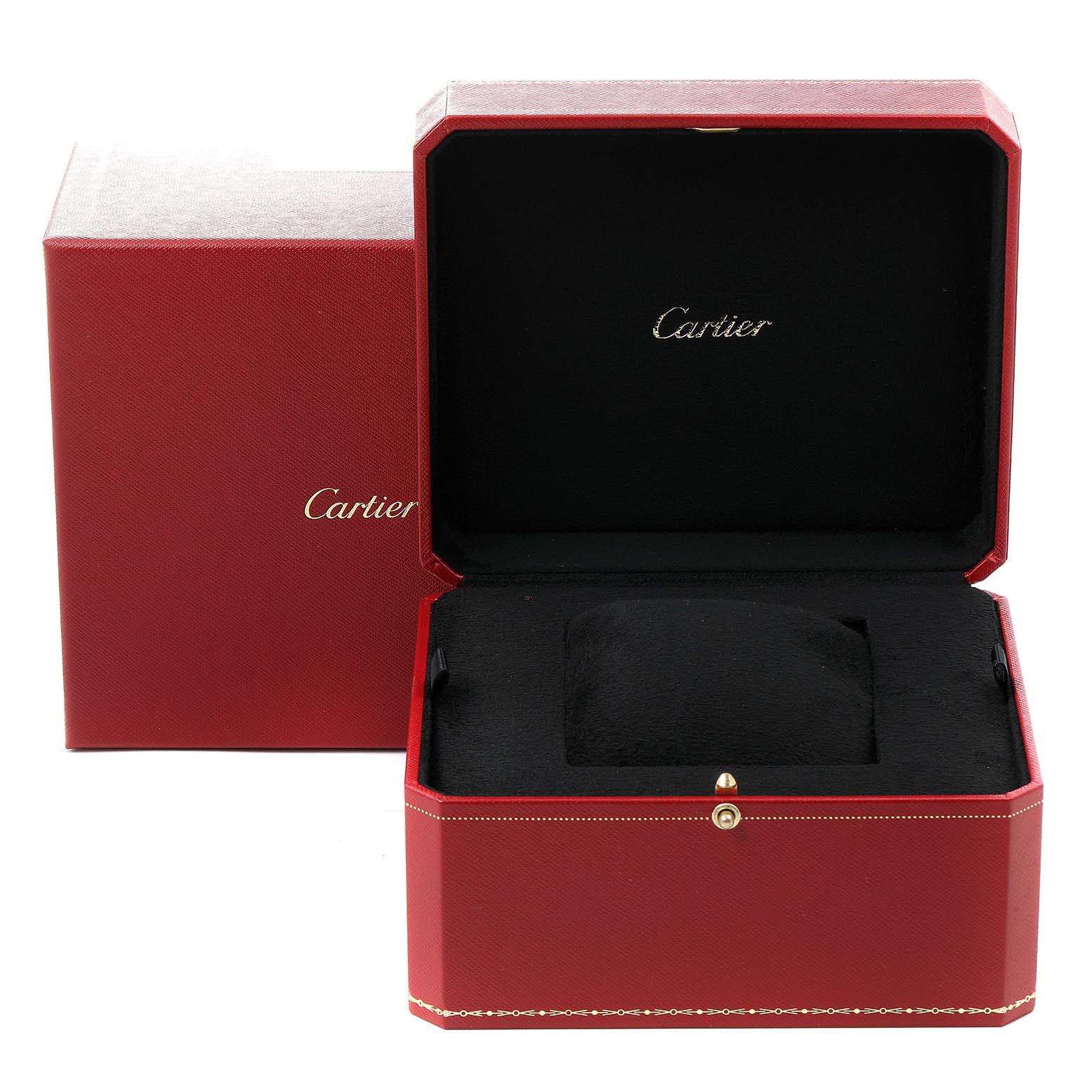 This image shows an open red Cartier Tank Louis W1529756 Men's Yellow Gold Silver Dial W1529756 Men's Yellow Gold Silver Dial watch box with a pillow inside, viewed from the front.