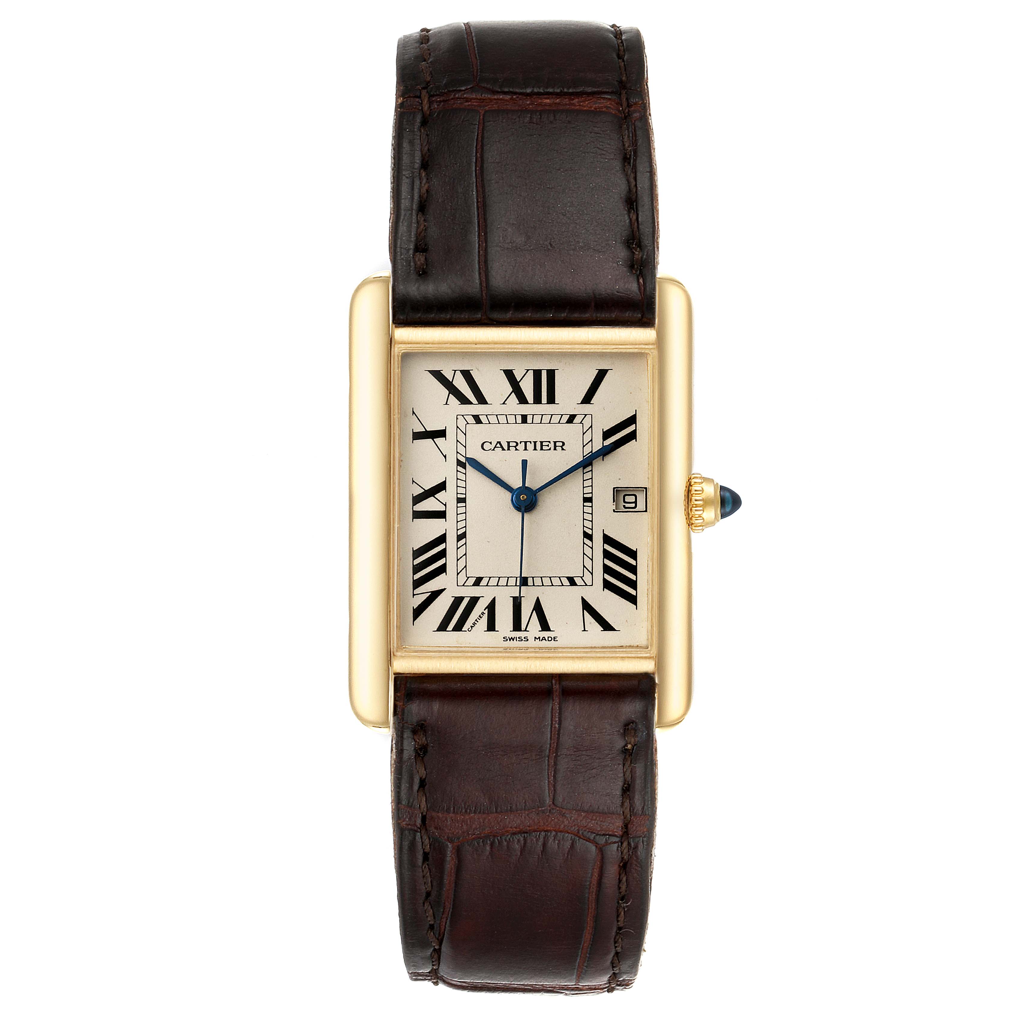 The image shows a front view of the Cartier Tank Louis W1529756 Men's Yellow Gold Silver Dial W1529756 Men's Yellow Gold Silver Dial watch, displaying its rectangular face, Roman numerals, and leather strap.