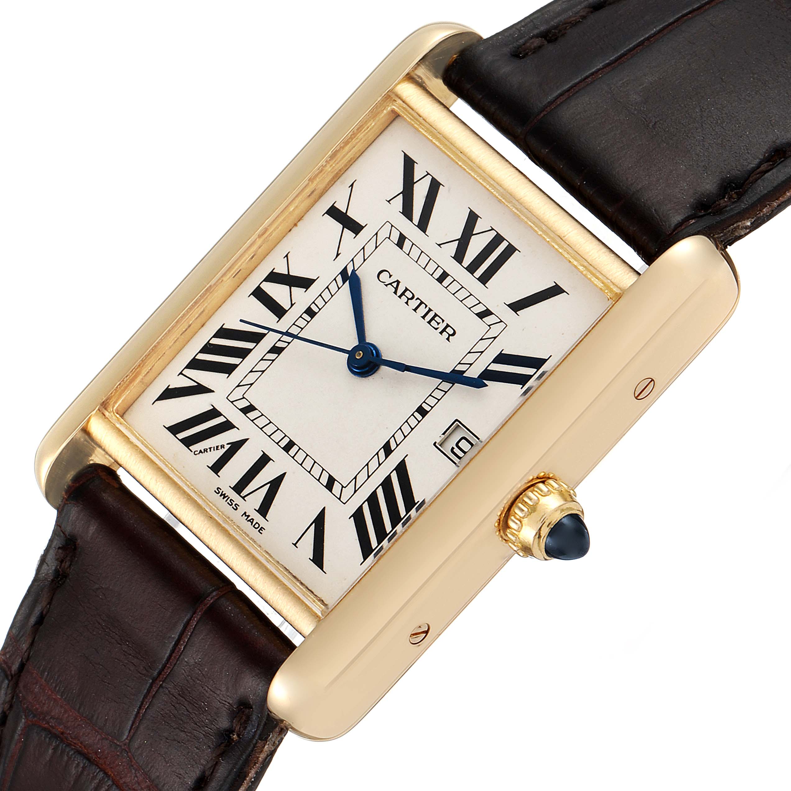 The image shows the Cartier Tank Louis W1529756 Men's Yellow Gold Silver Dial W1529756 Men's Yellow Gold Silver Dial watch at an angled close-up, featuring the face, bezel, crown, and leather strap.
