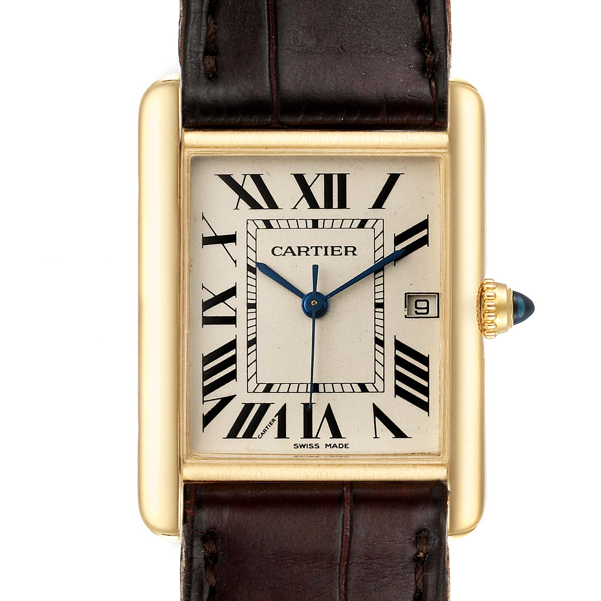 The image shows a front view of a Cartier Tank Louis W1529756 Men's Yellow Gold Silver Dial W1529756 Men's Yellow Gold Silver Dial watch, displaying the dial, hands, crown, and part of the leather strap.