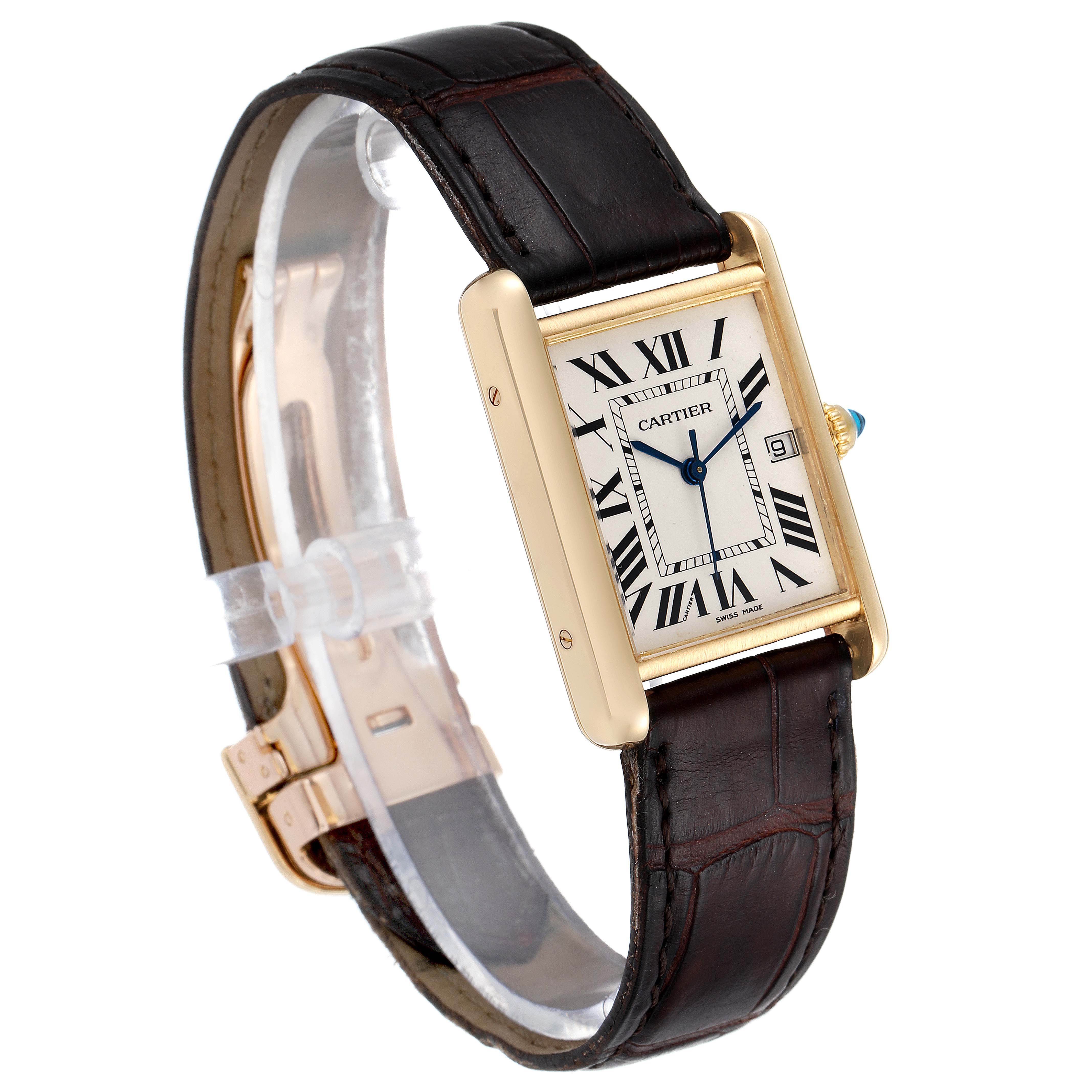 This image shows a Cartier Tank Louis W1529756 Men's Yellow Gold Silver Dial W1529756 Men's Yellow Gold Silver Dial watch at an angled view, highlighting its rectangular face, brown leather strap, and gold case.